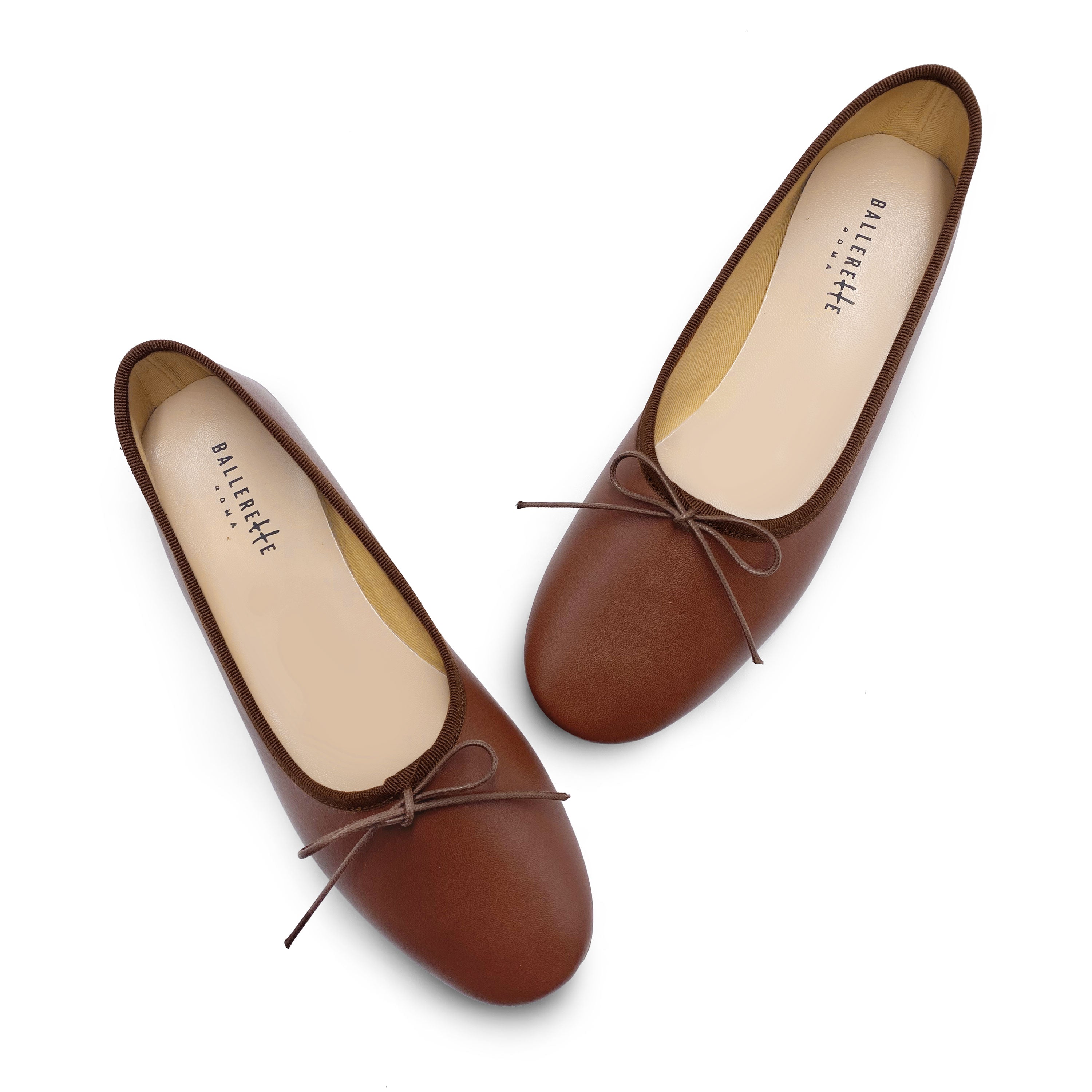 Brown leather high-vamp "glove shoes" ballet flats