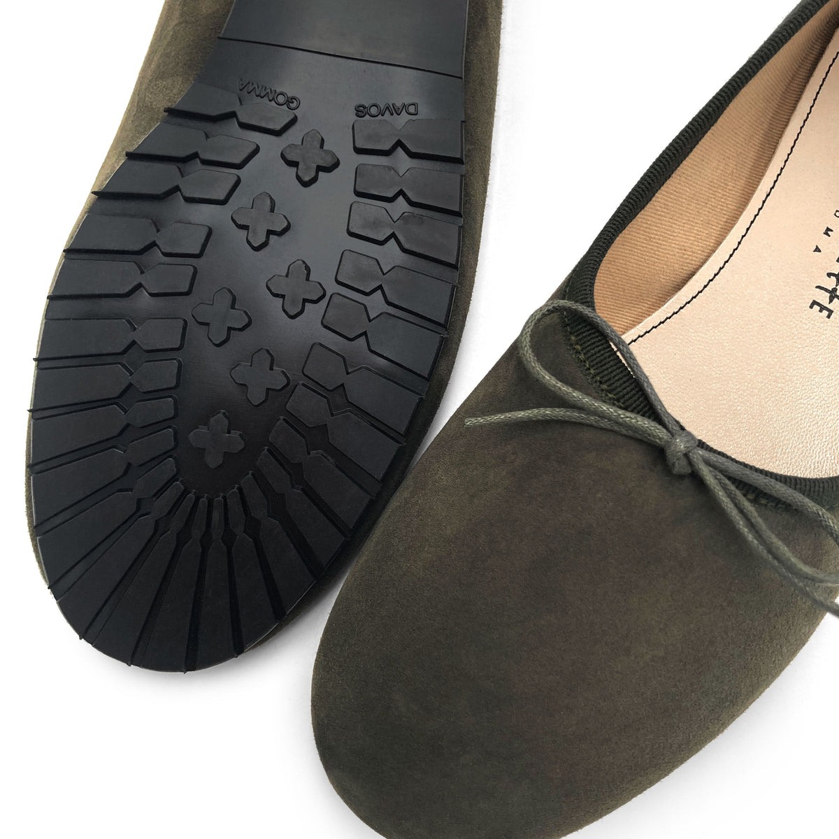 Women's olive green suede "glove shoes" ballet flats