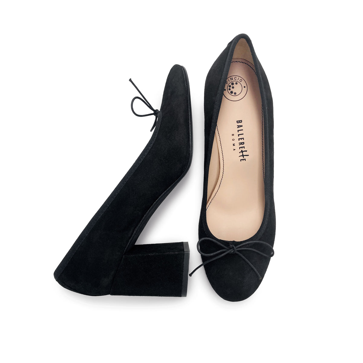 Black suede heeled décolleté ballet flats