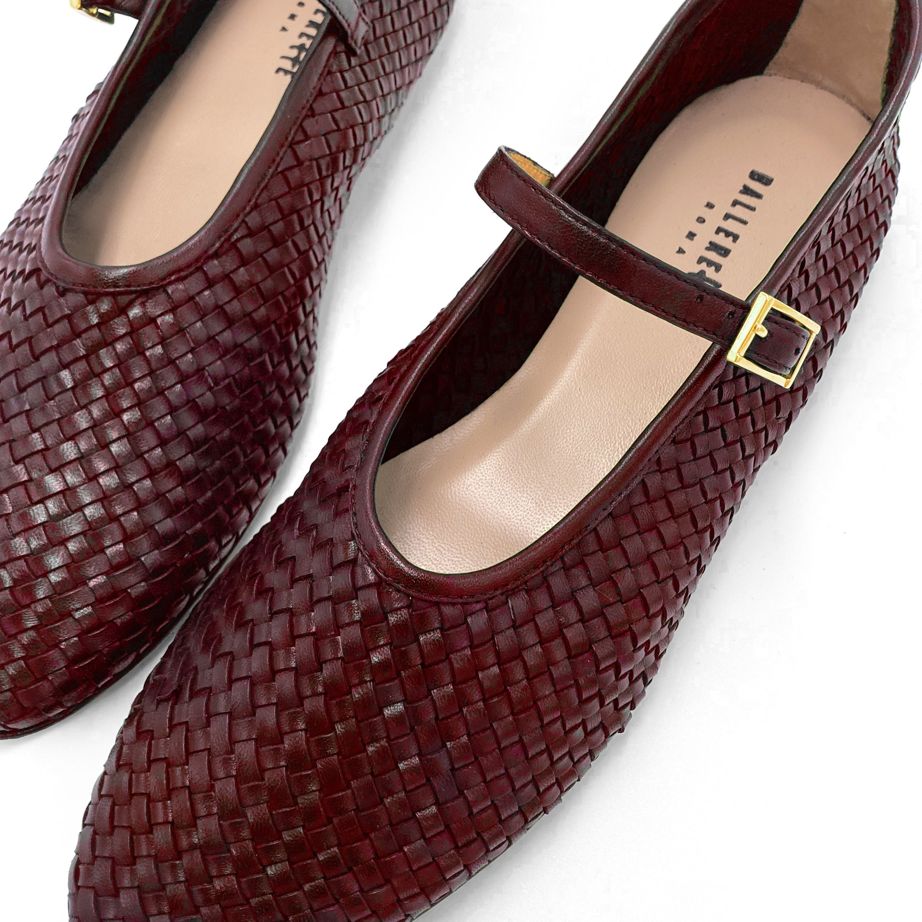 Burgundy high cut handwoven leather ballet flats with strap