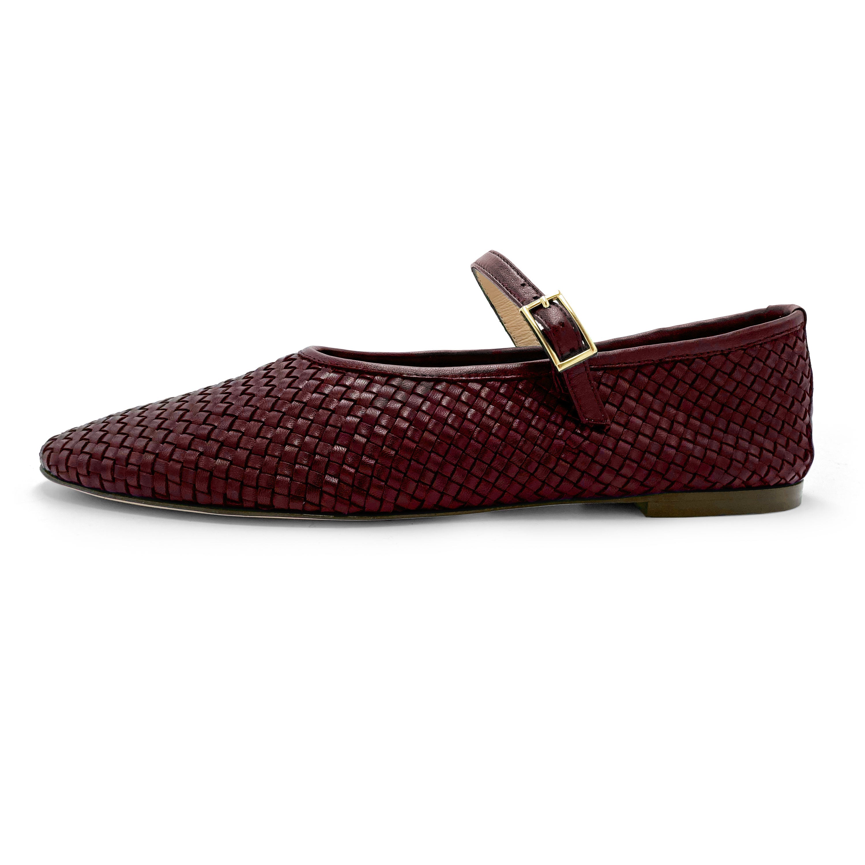 Burgundy high cut handwoven leather ballet flats with strap