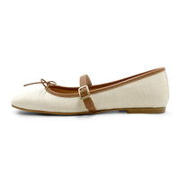Summer Square Toe Mary Jane Ballet Flats with Beige Raffia Strap