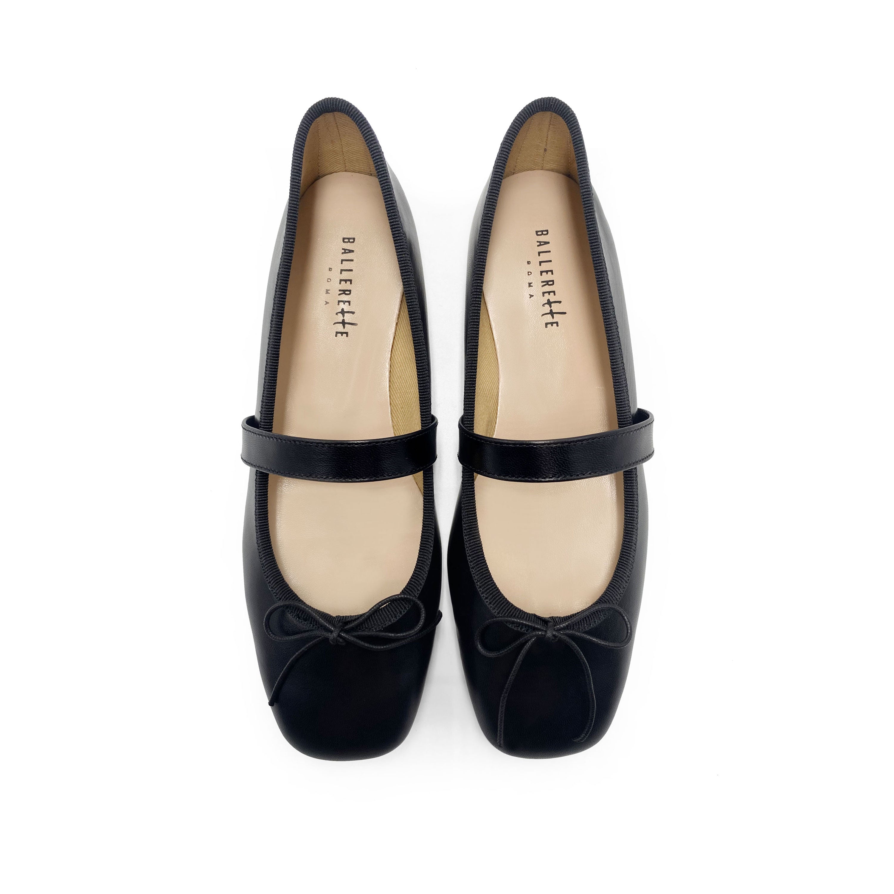 Black squared toe leather ballet flats with strap