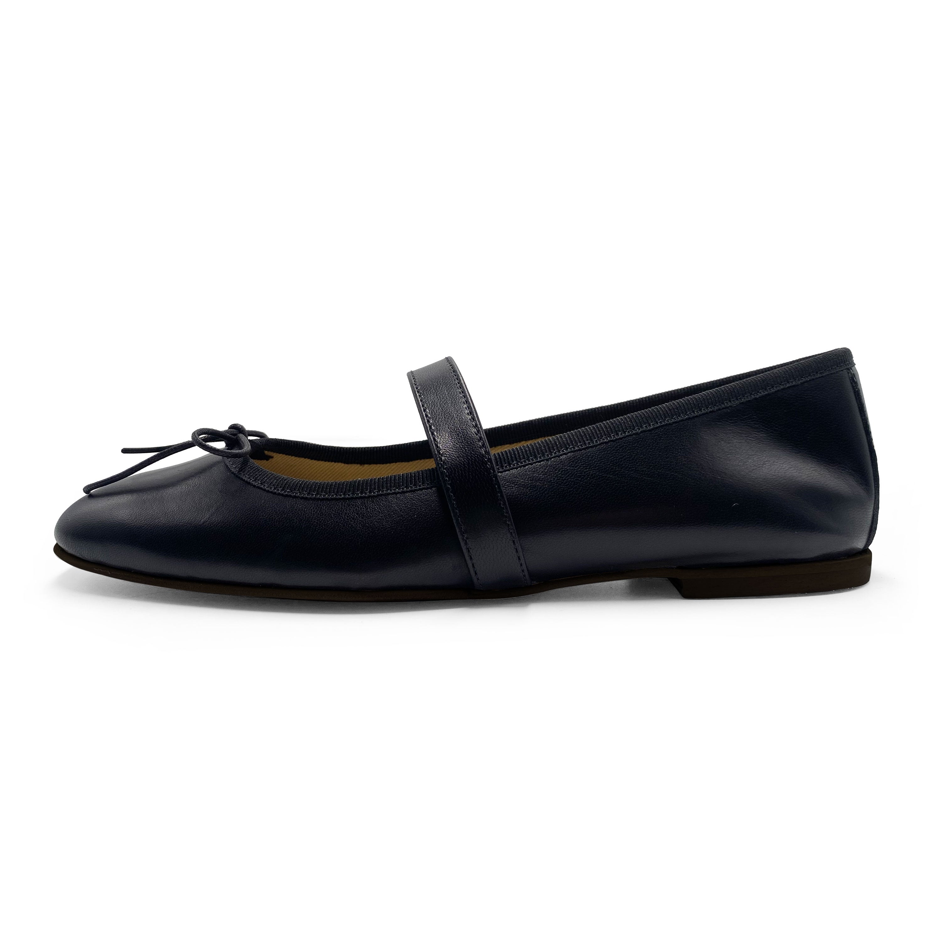 Black squared toe leather ballet flats with strap