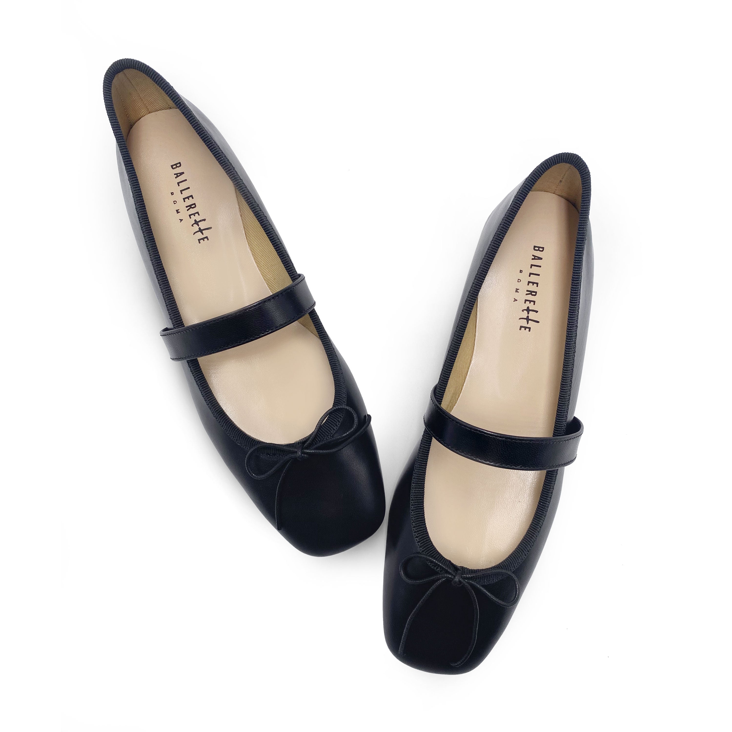 Black squared toe leather ballet flats with strap