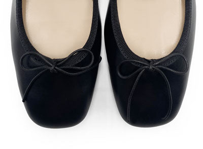 Black squared toe leather ballet flats with strap