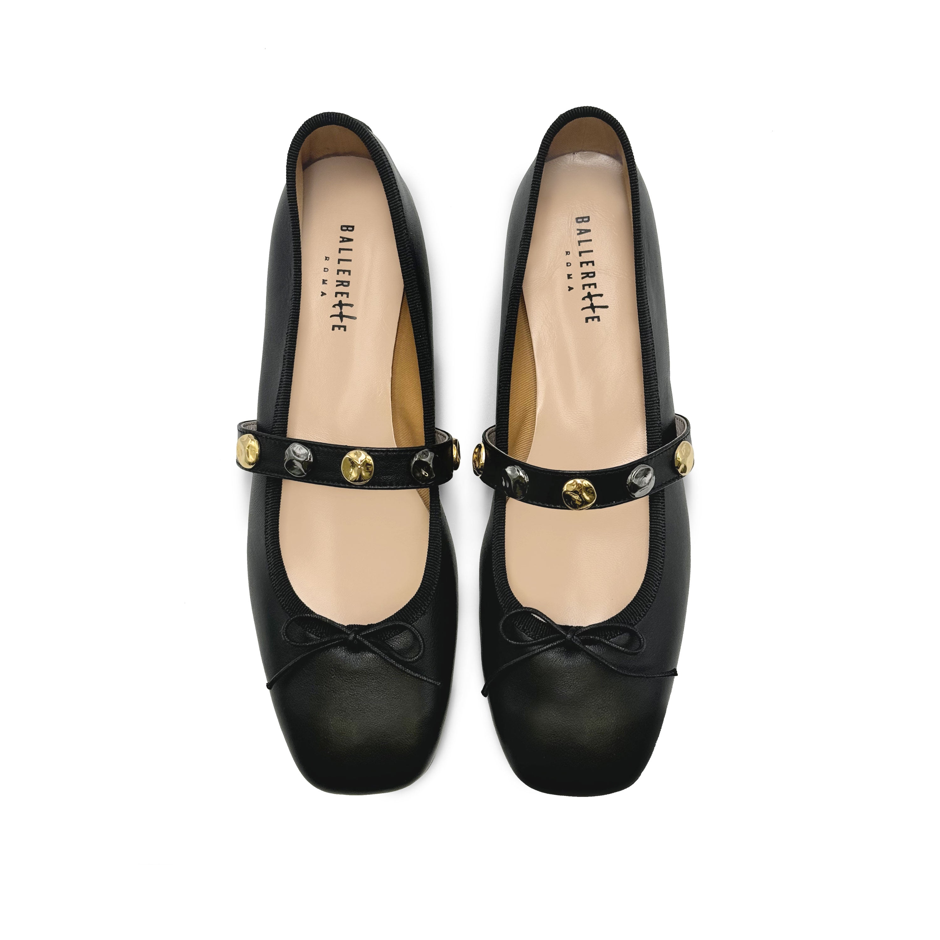 Black squared toe leather ballet flats with strap and studs