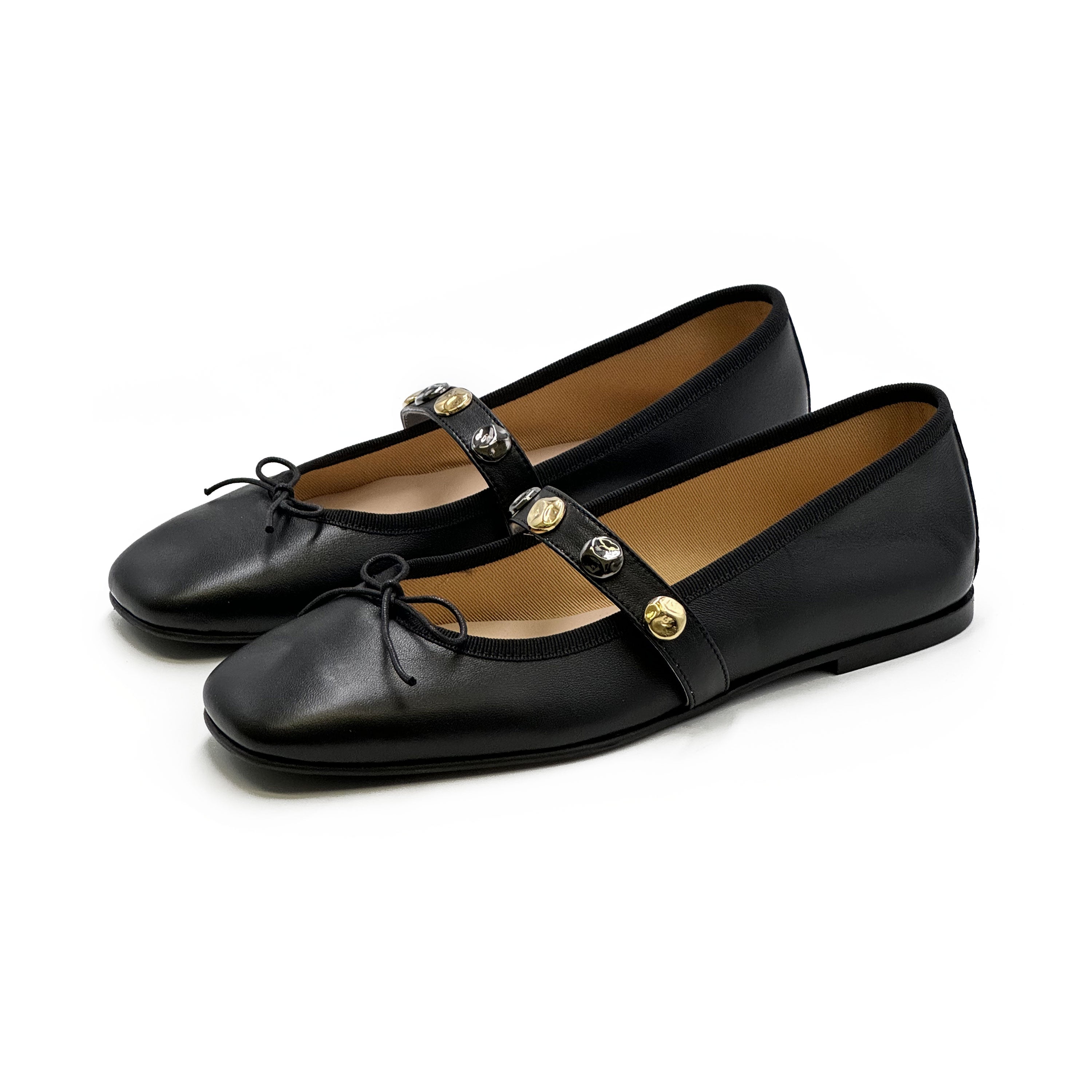 Black squared toe leather ballet flats with strap and studs