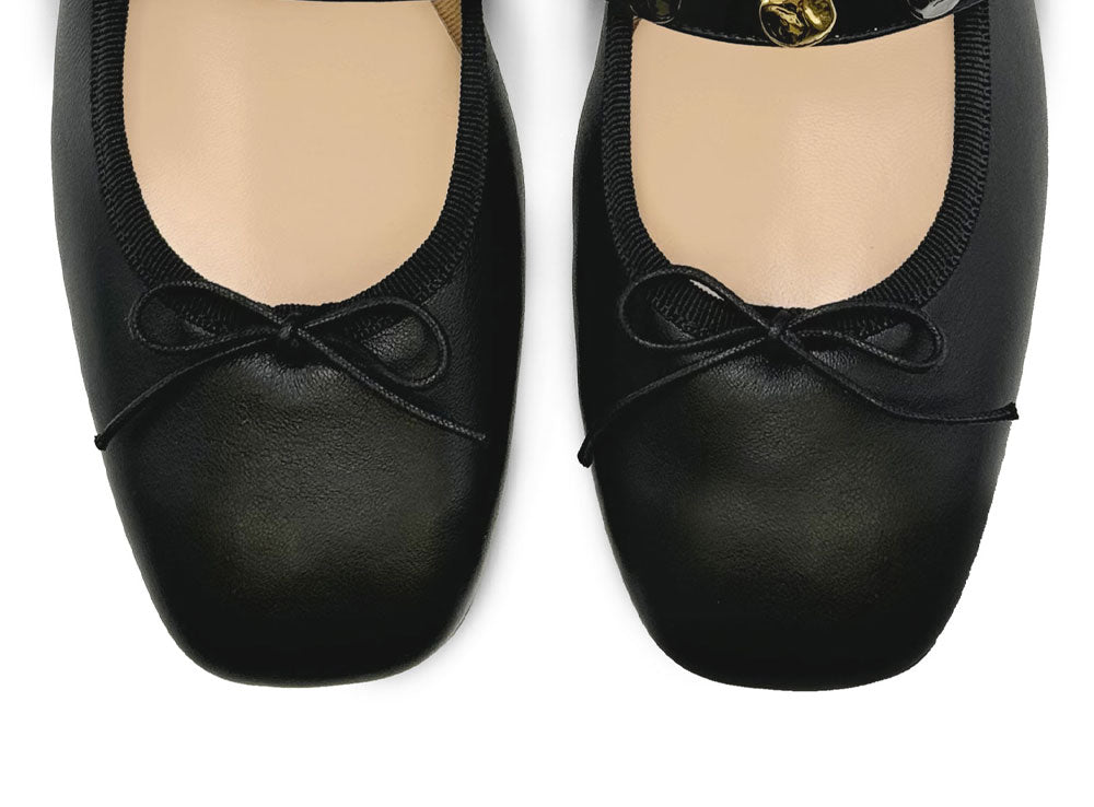 Black squared toe leather ballet flats with strap and studs