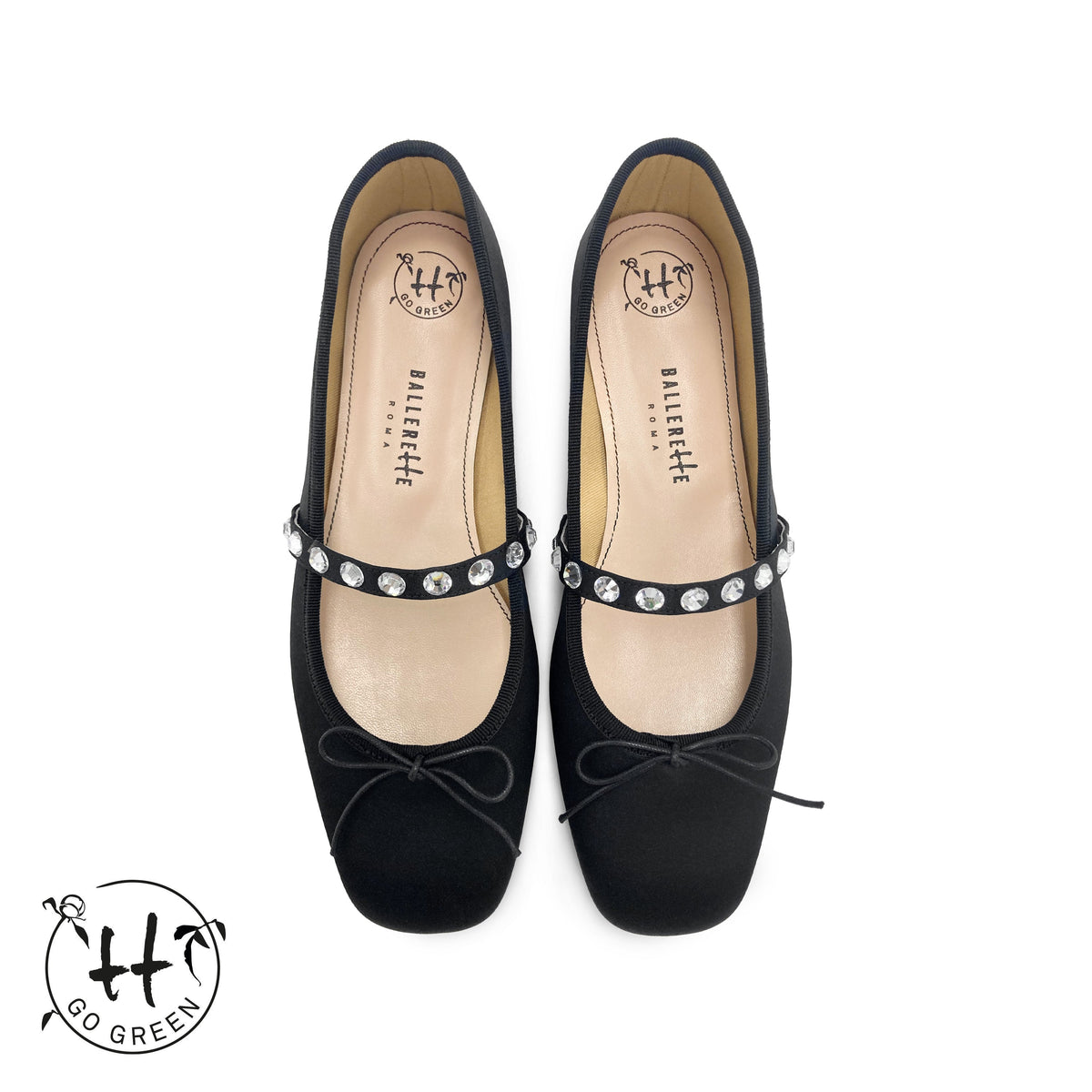 TT Go Green Collection black satin Mary Jane ballet flats in eco fabric with jewel strap