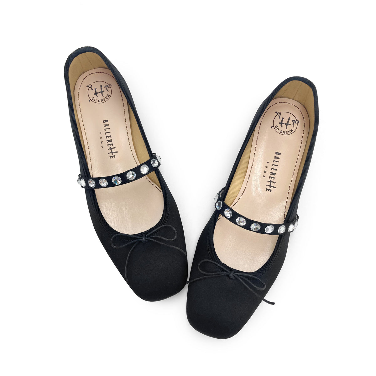 TT Go Green Collection black satin Mary Jane ballet flats in eco fabric with jewel strap