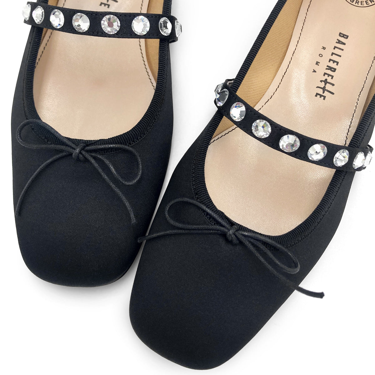 TT Go Green Collection black satin Mary Jane ballet flats in eco fabric with jewel strap