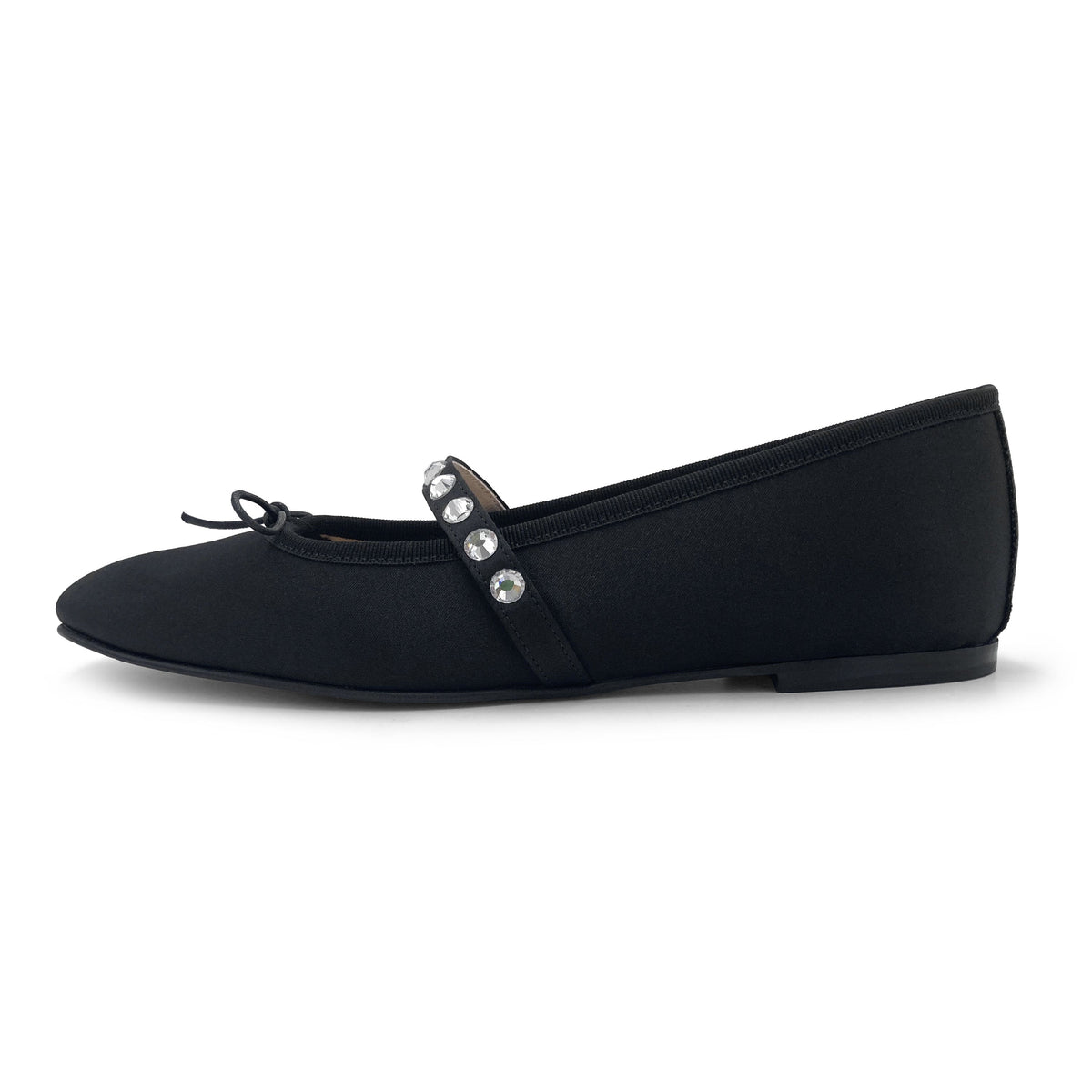 TT Go Green Collection black satin Mary Jane ballet flats in eco fabric with jewel strap