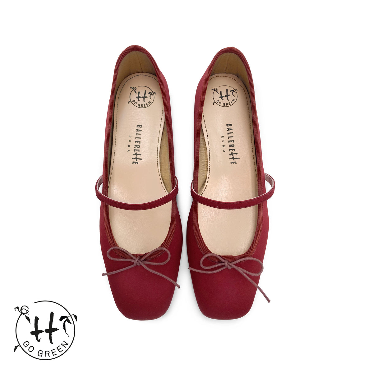 TT Go Green Collection red satin Mary Jane ballet flats in eco fabric