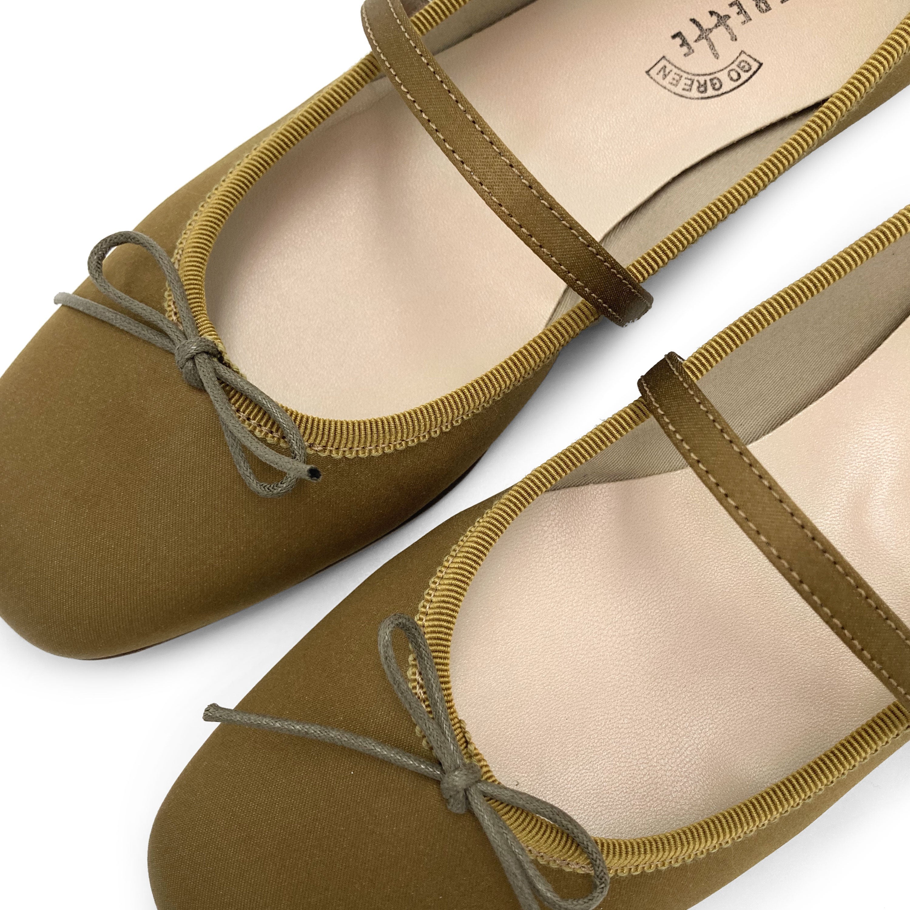 TT Go Green Collection mustard-brown satin Mary Jane ballet flats in eco fabric