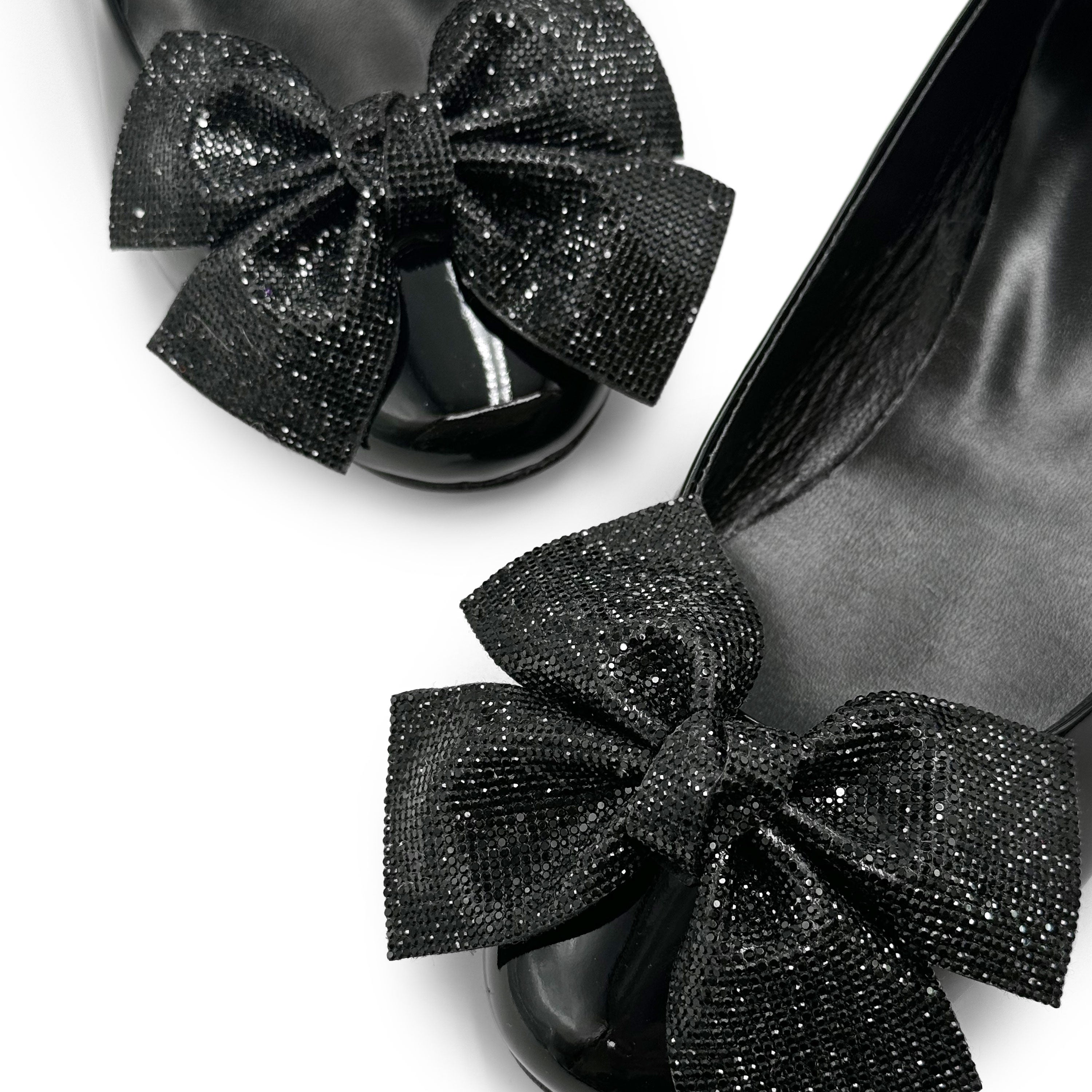 Black patent leather evening ballet flats with jeweled bow