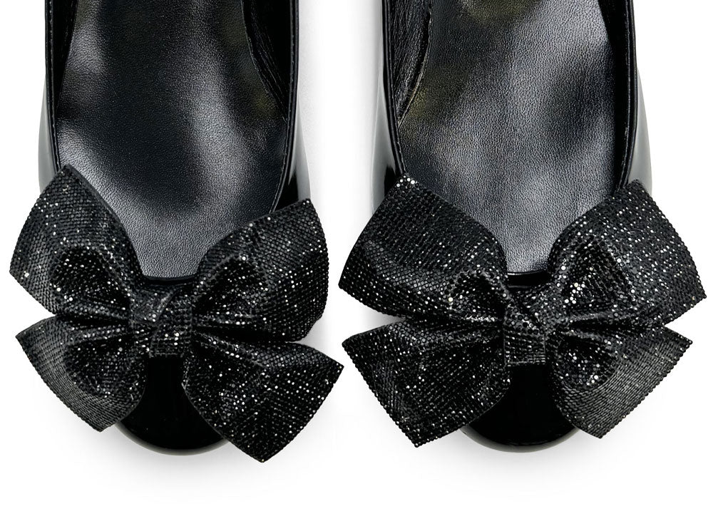 Black patent leather evening ballet flats with jeweled bow