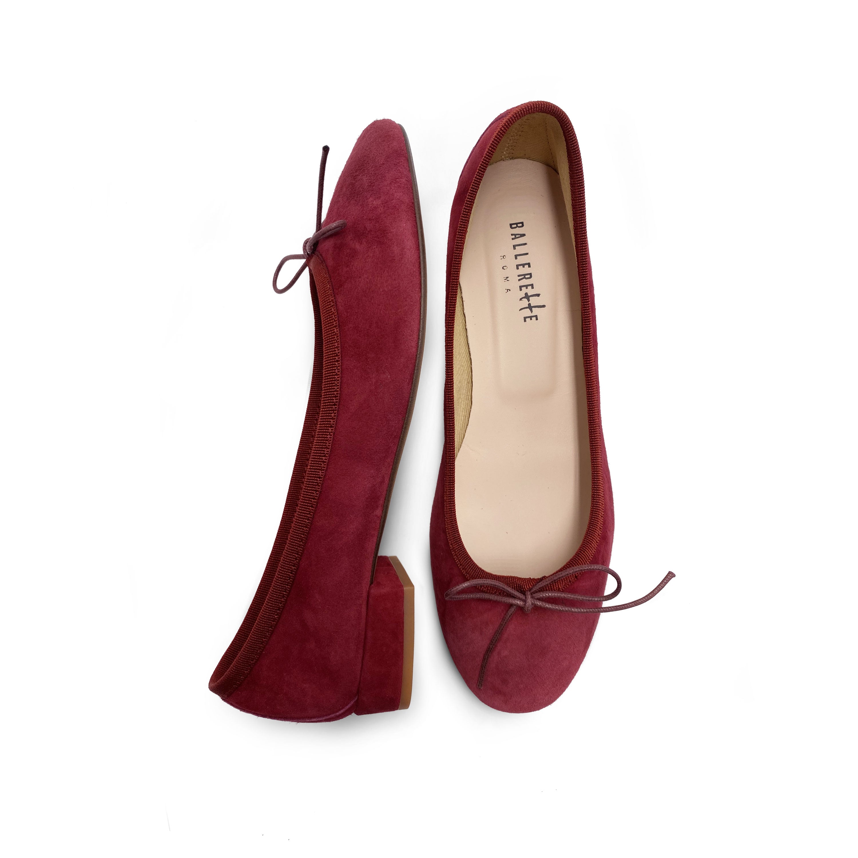 Burgundy suede little heel ballet flats, adjustable string