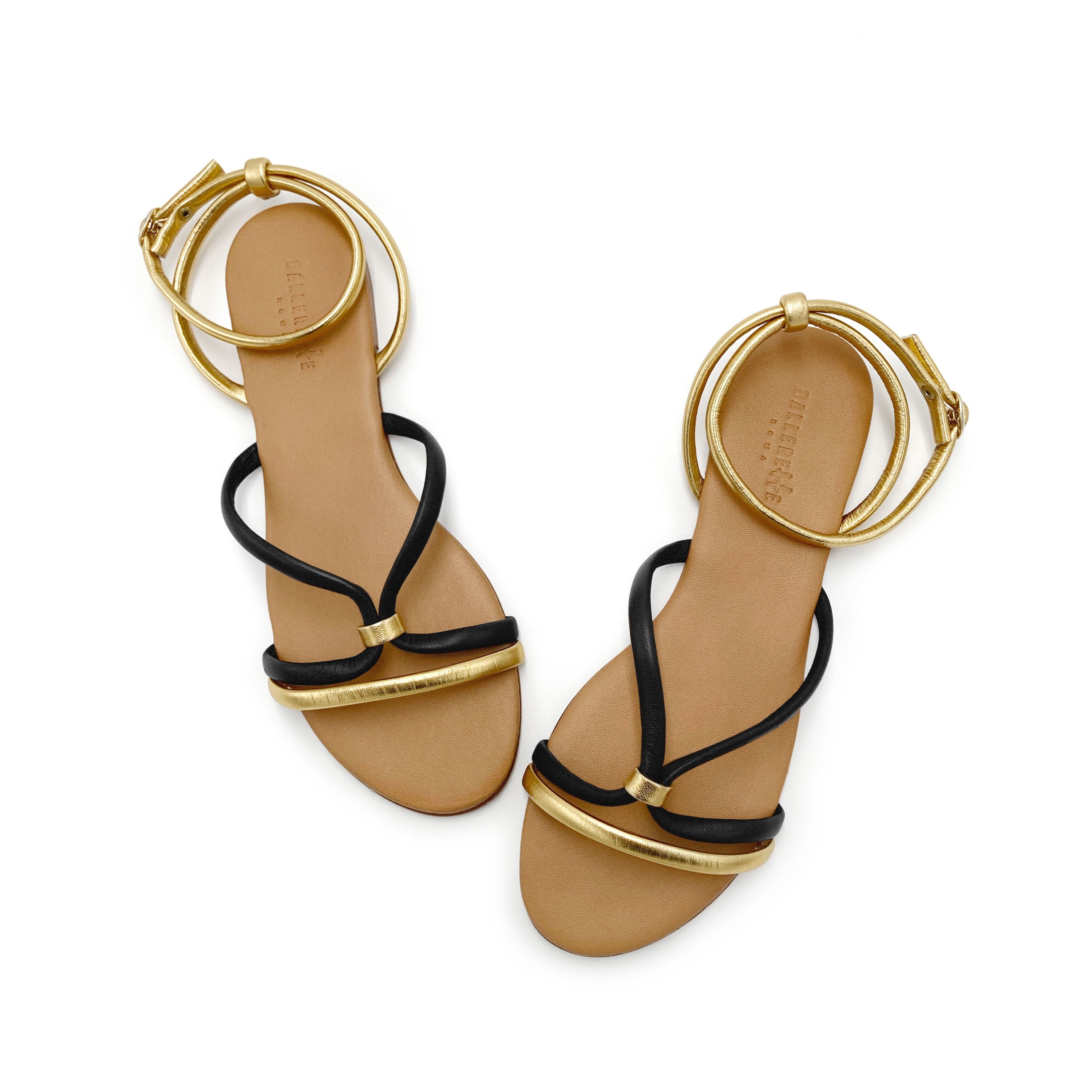 Anckle strap women flat sandals in black and gold leather