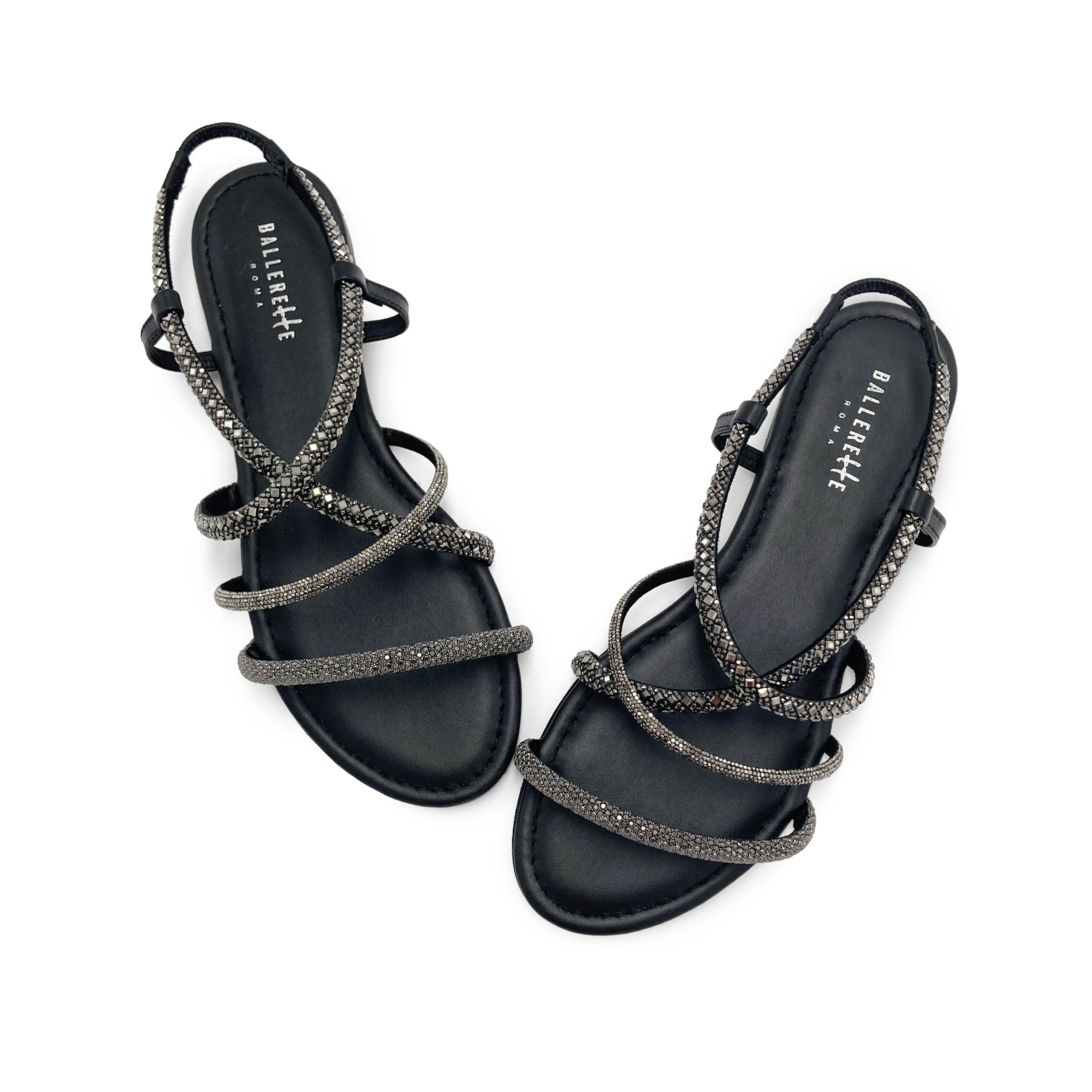 Iron-grey jeweled sandals with rhinestones
