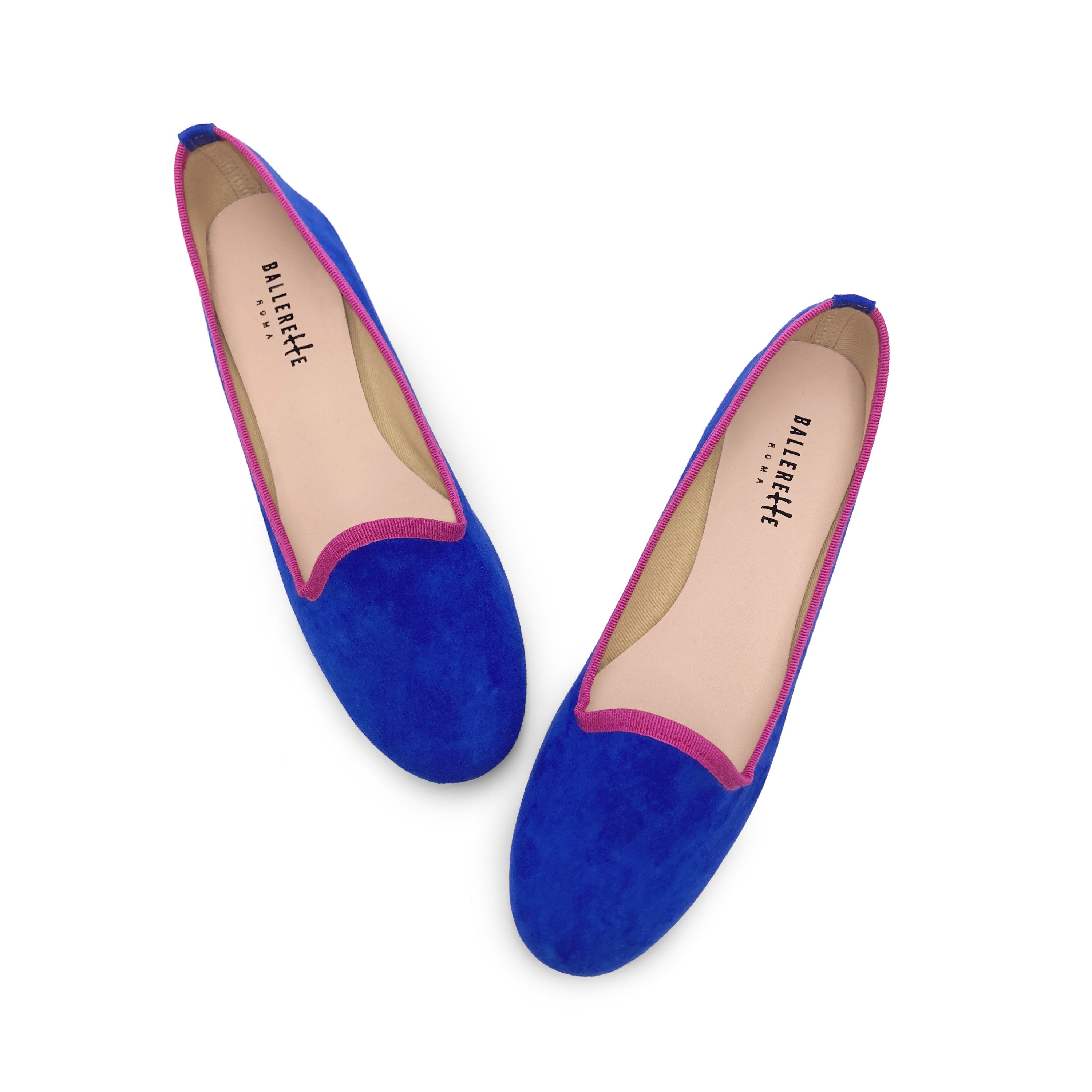 Women loafers in blue suede and fuchsia details