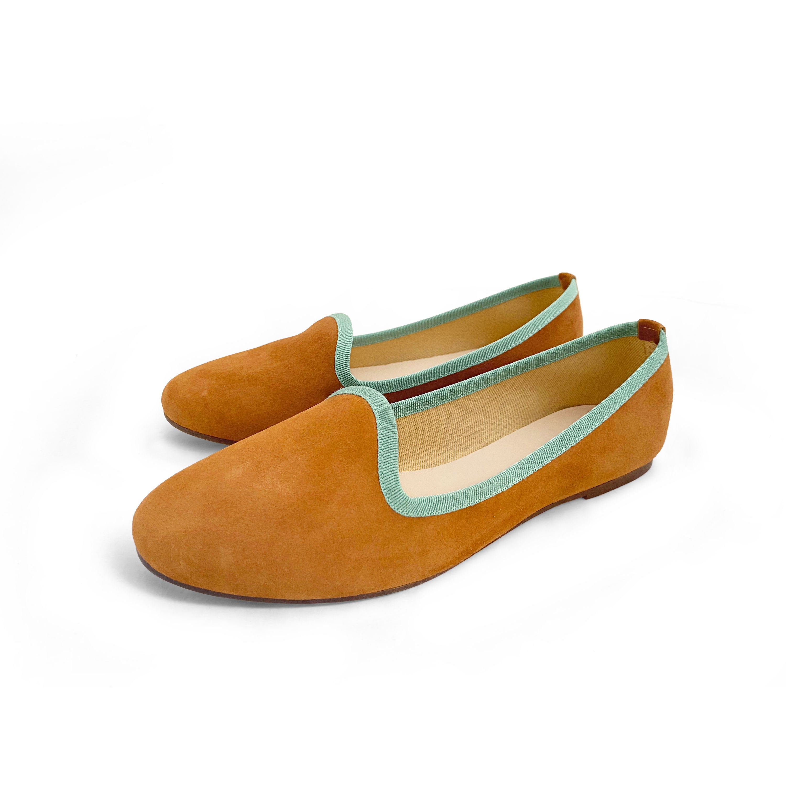 Tan suede women's loafers and green gros grain