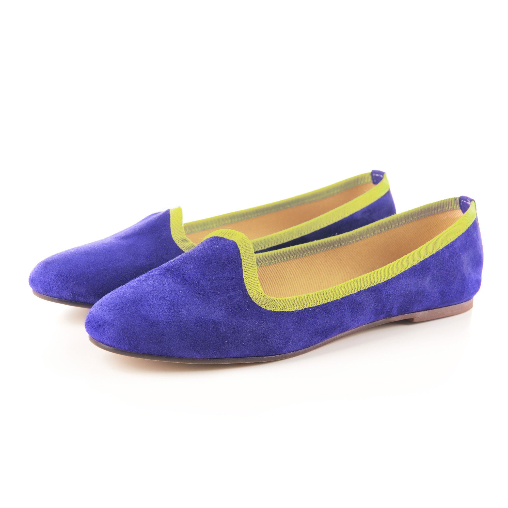 Purple suede loafers and green grosgrain