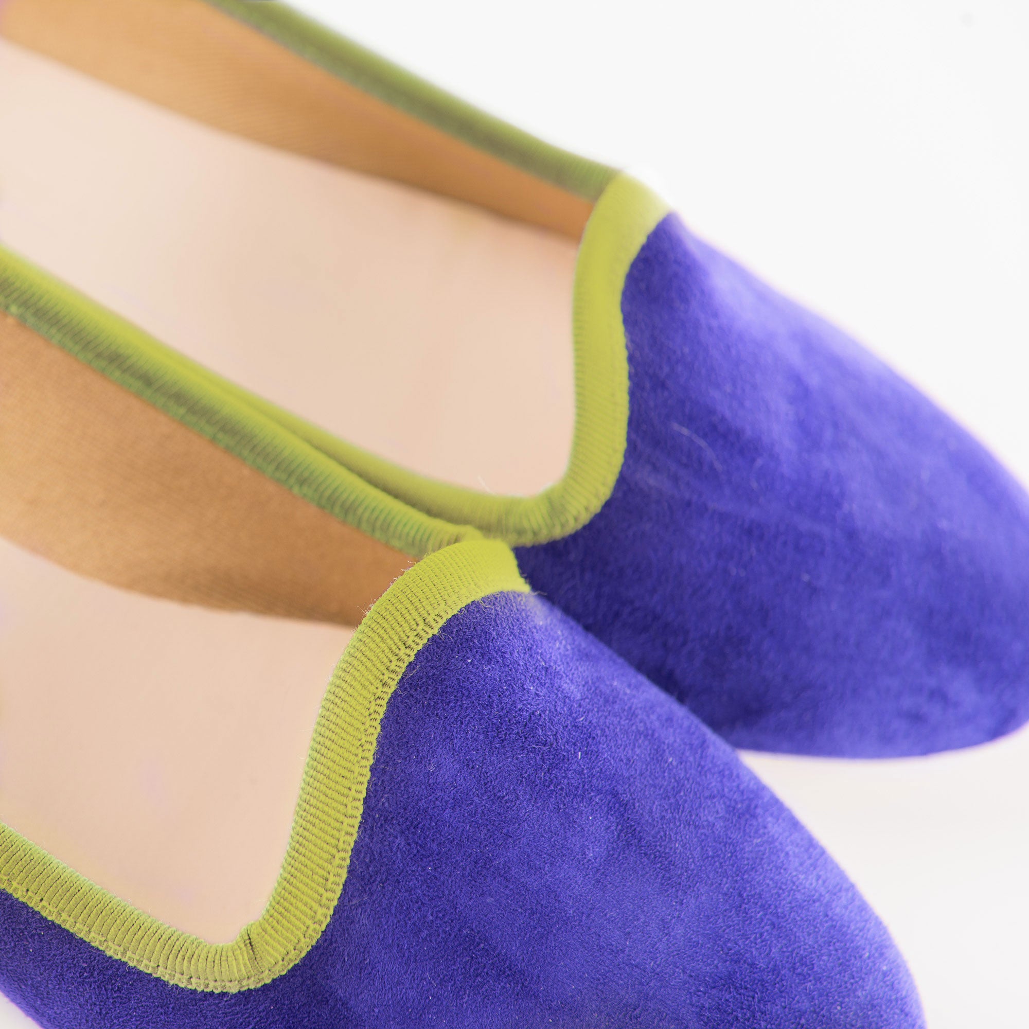 Purple suede loafers and green grosgrain