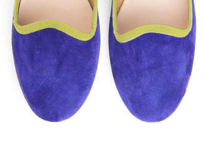 Purple suede loafers and green grosgrain