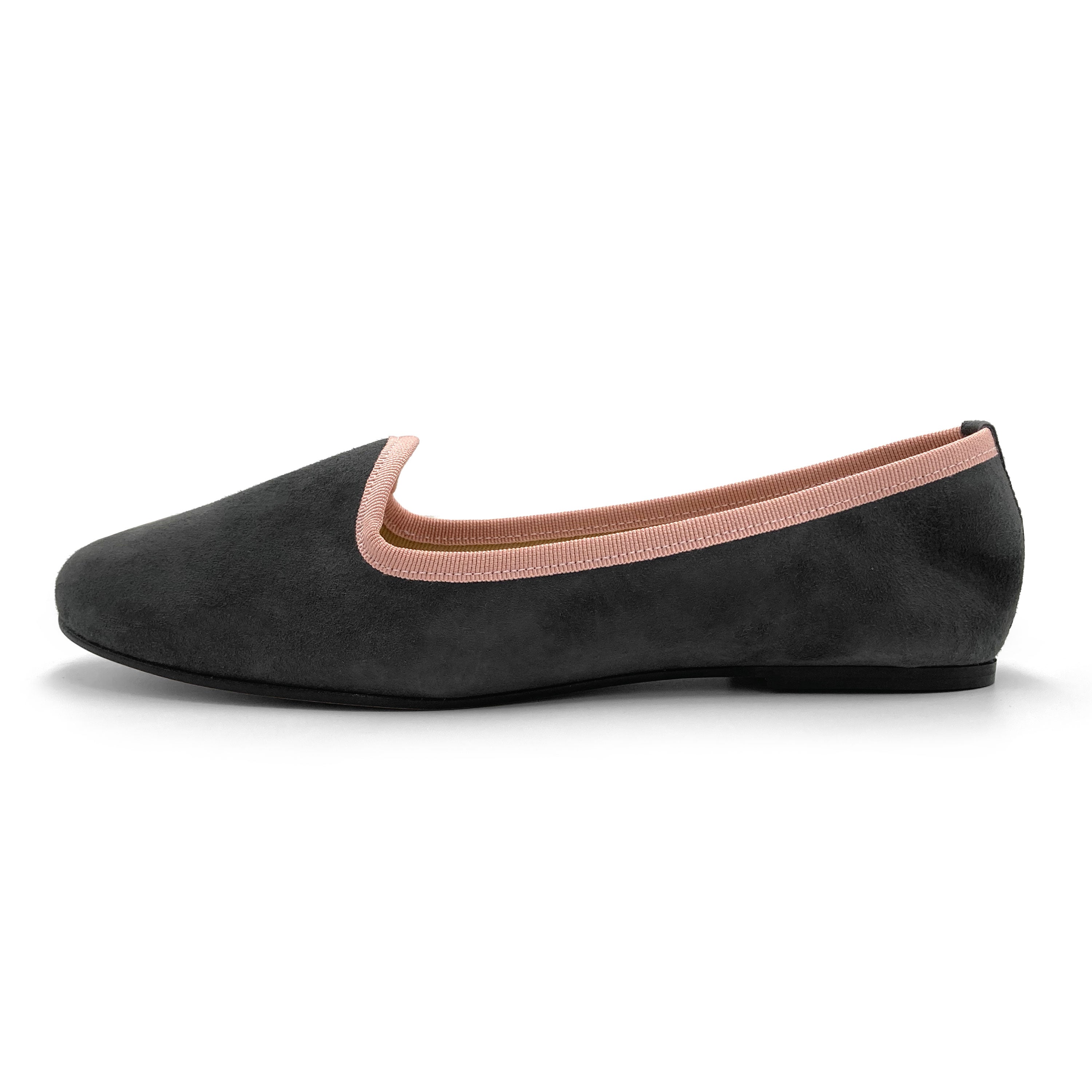 Women’s loafers in smoky gray suede with pink details