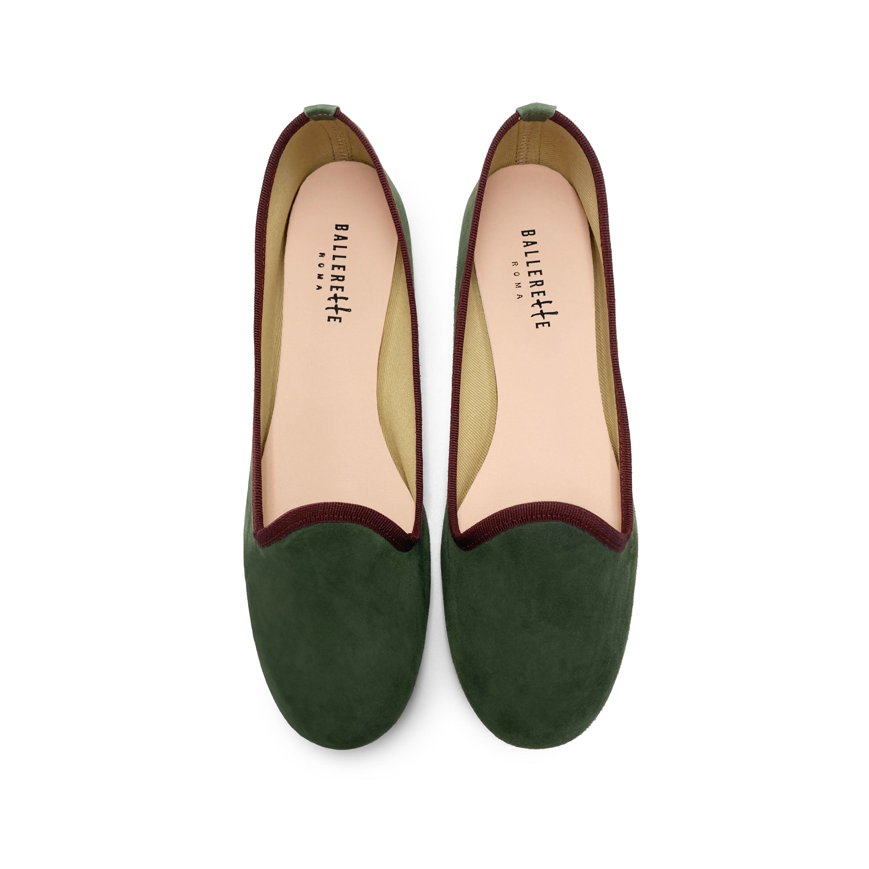 Women loafers in olive green suede and burgundy details