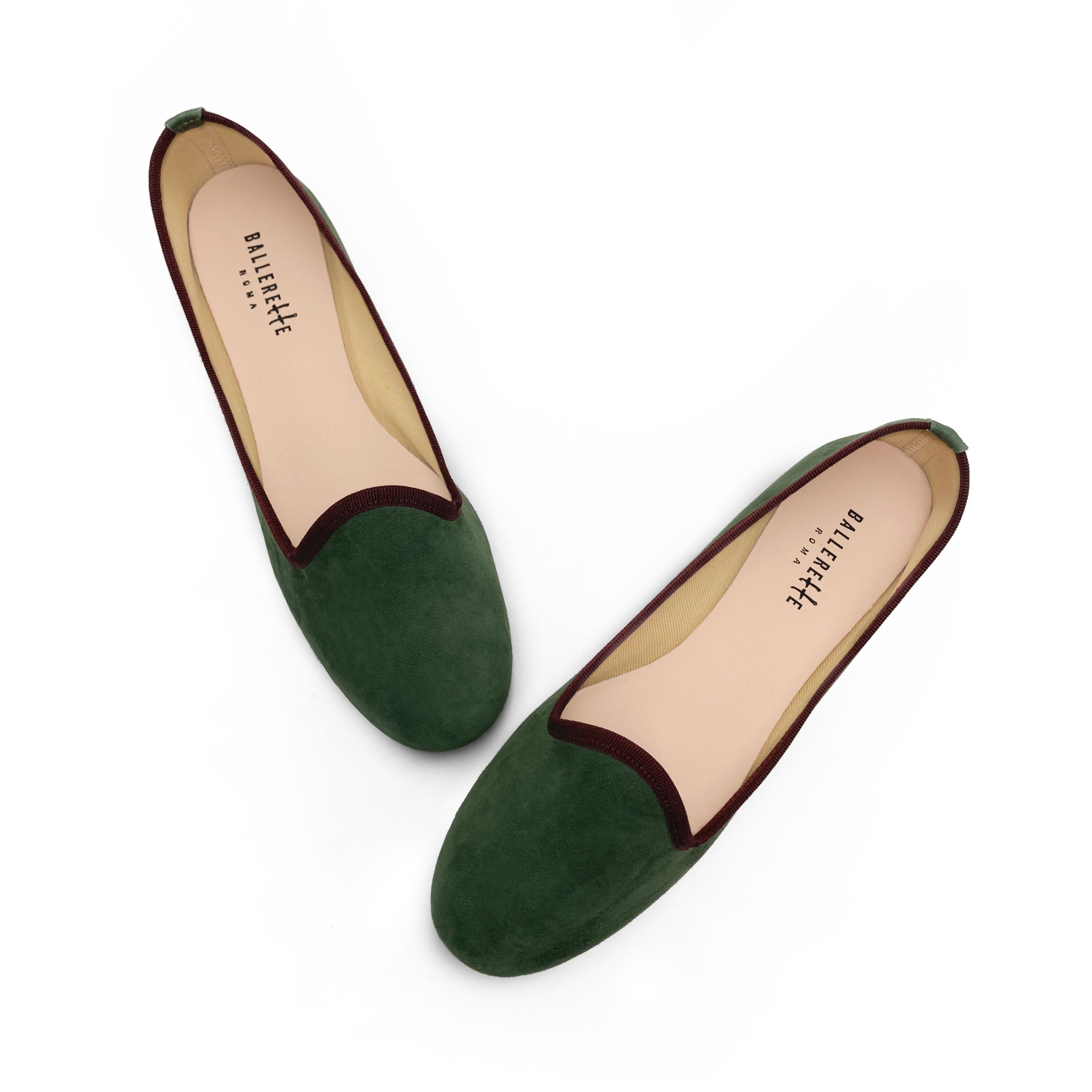 Women loafers in olive green suede and burgundy details