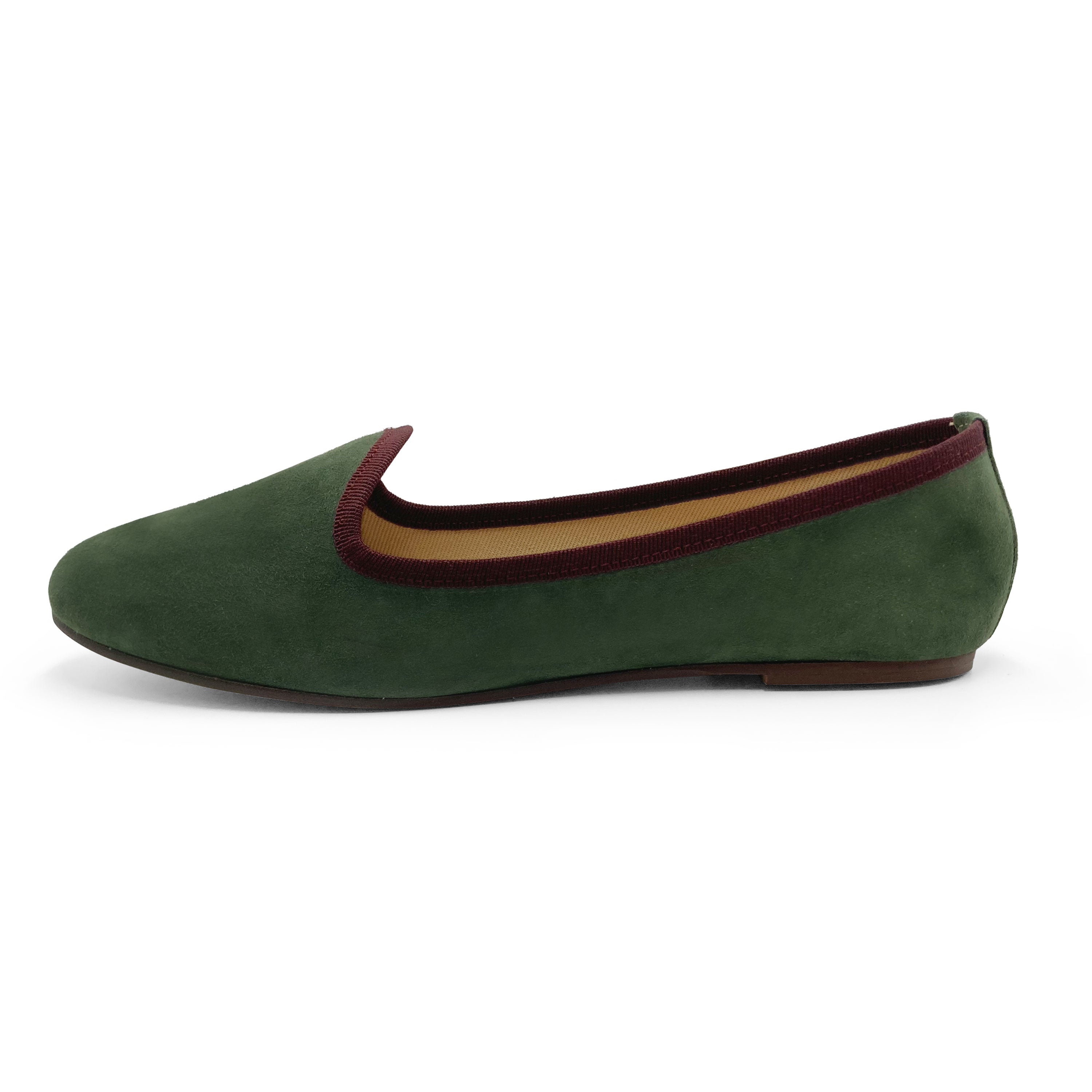 Women loafers in olive green suede and burgundy details