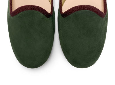 Women loafers in olive green suede and burgundy details