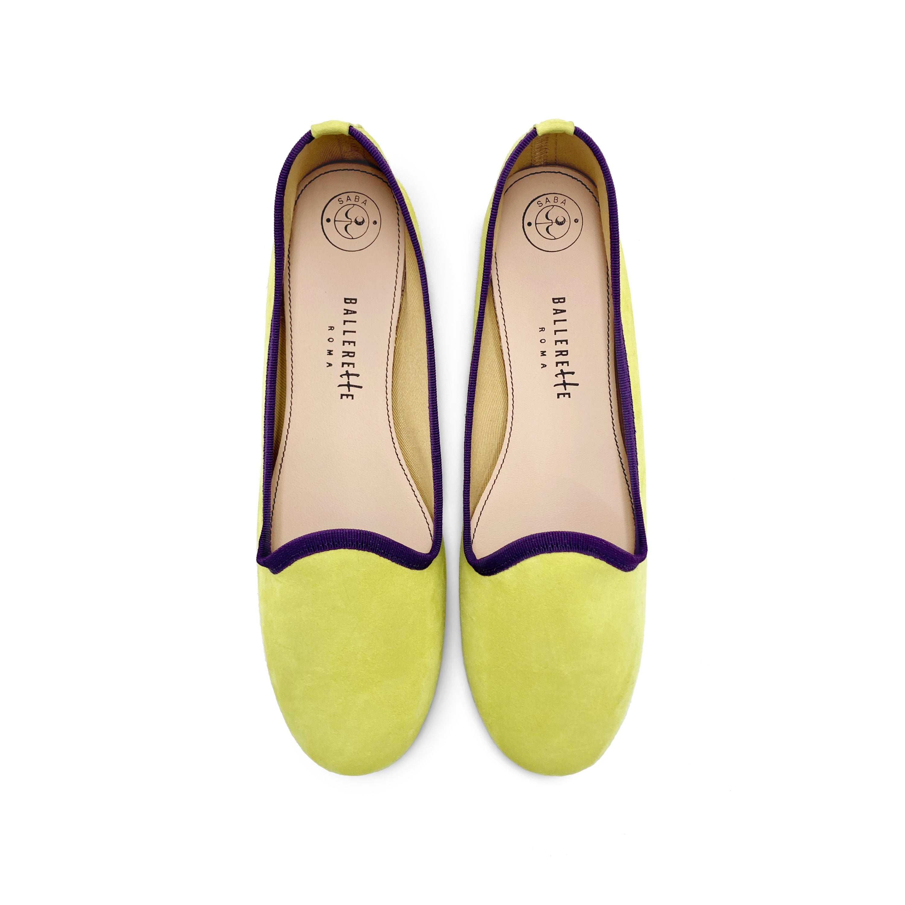 Women’s loafers in lime suede with purple details