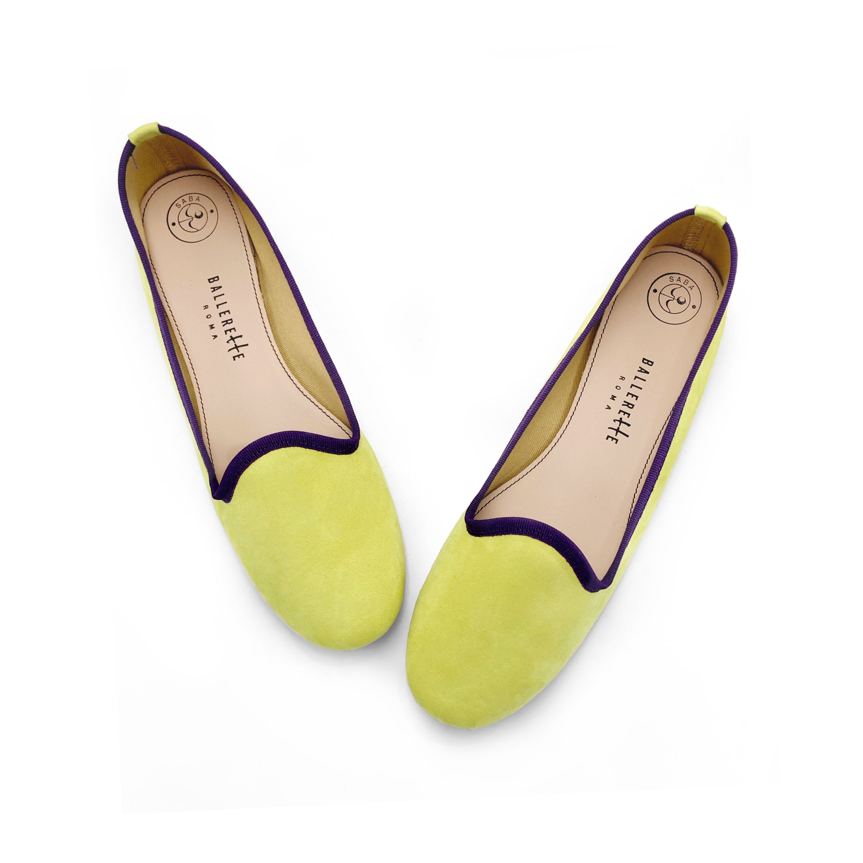Women’s loafers in lime suede with purple details