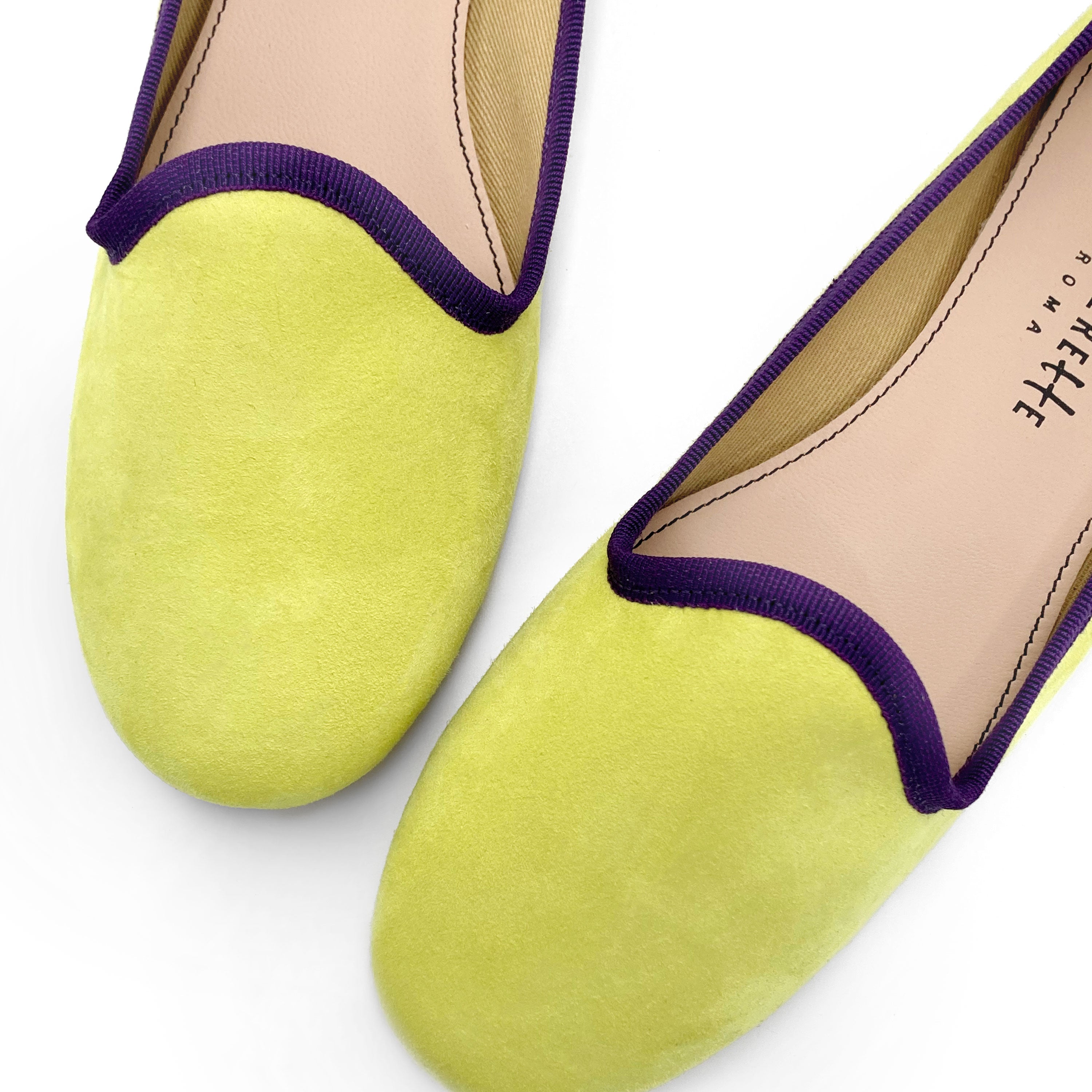 Women’s loafers in lime suede with purple details