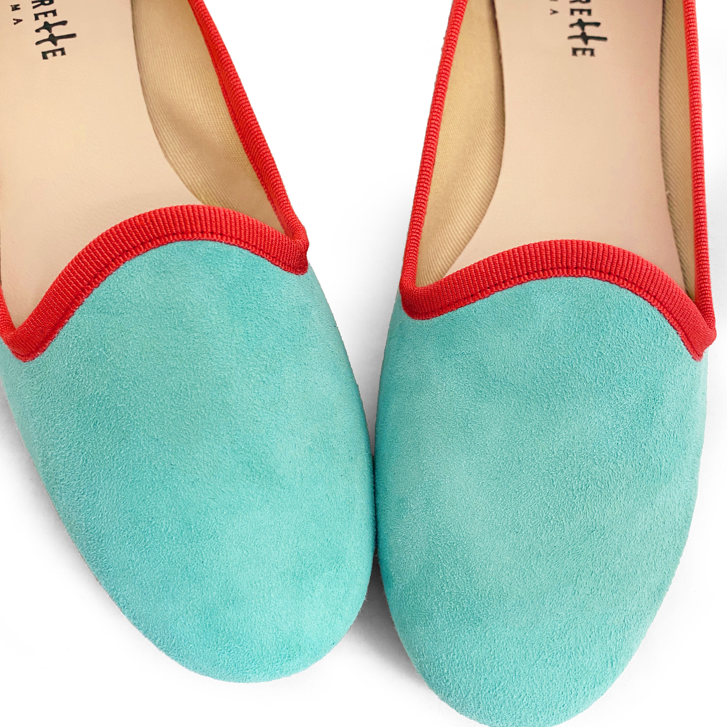 Women's slippers in aqua suede with coral details