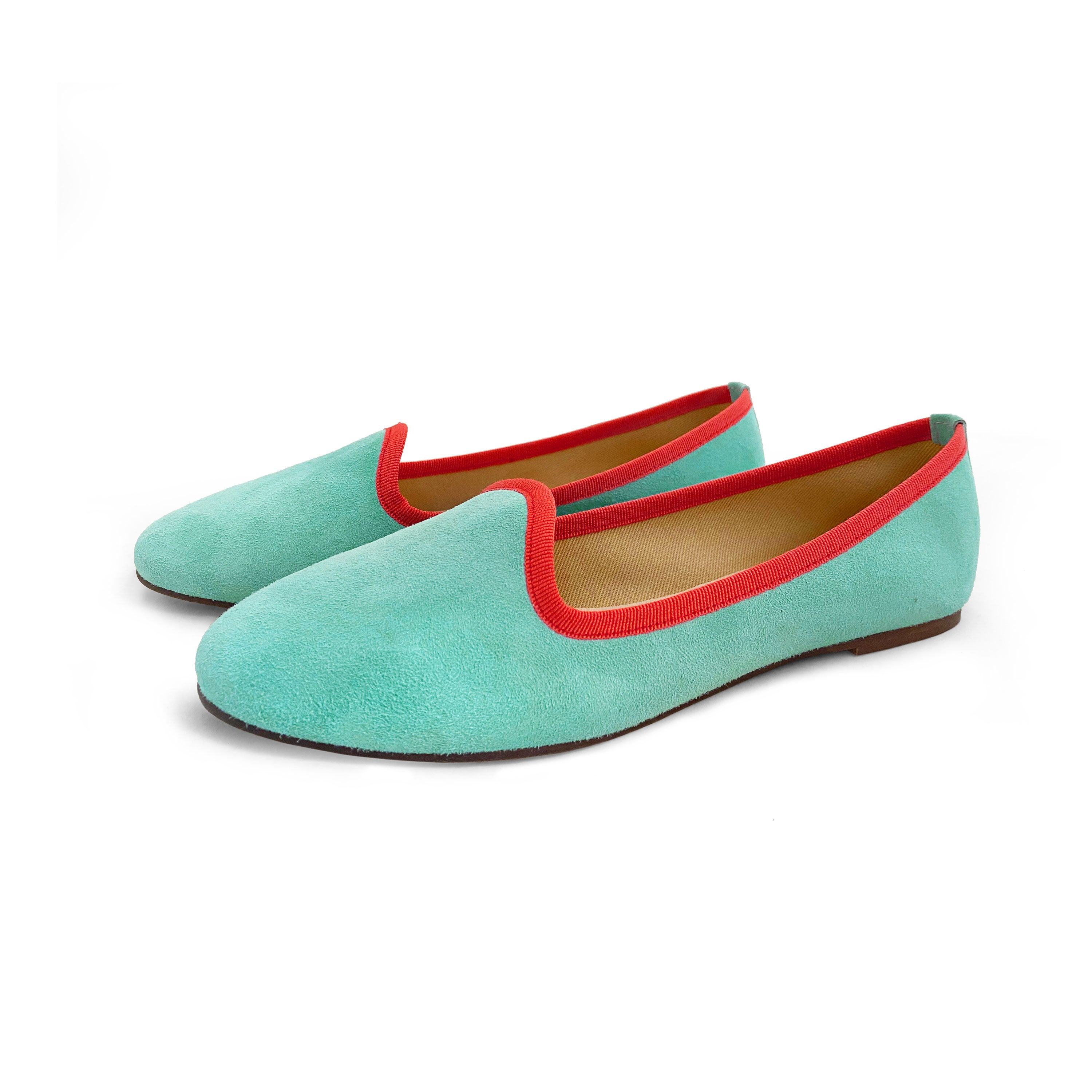 Women's slippers in aqua suede with coral details