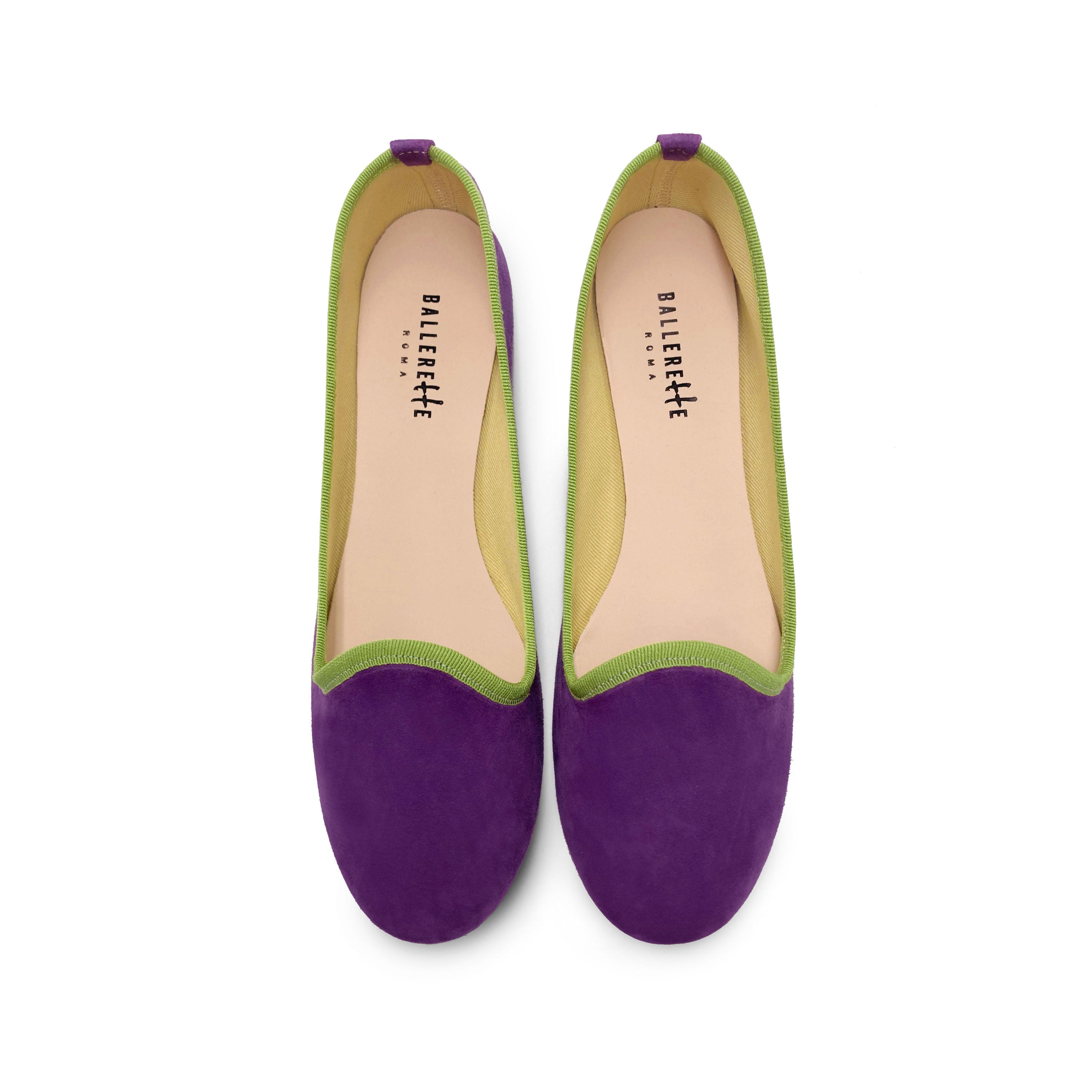 Women loafers in purple suede and green details