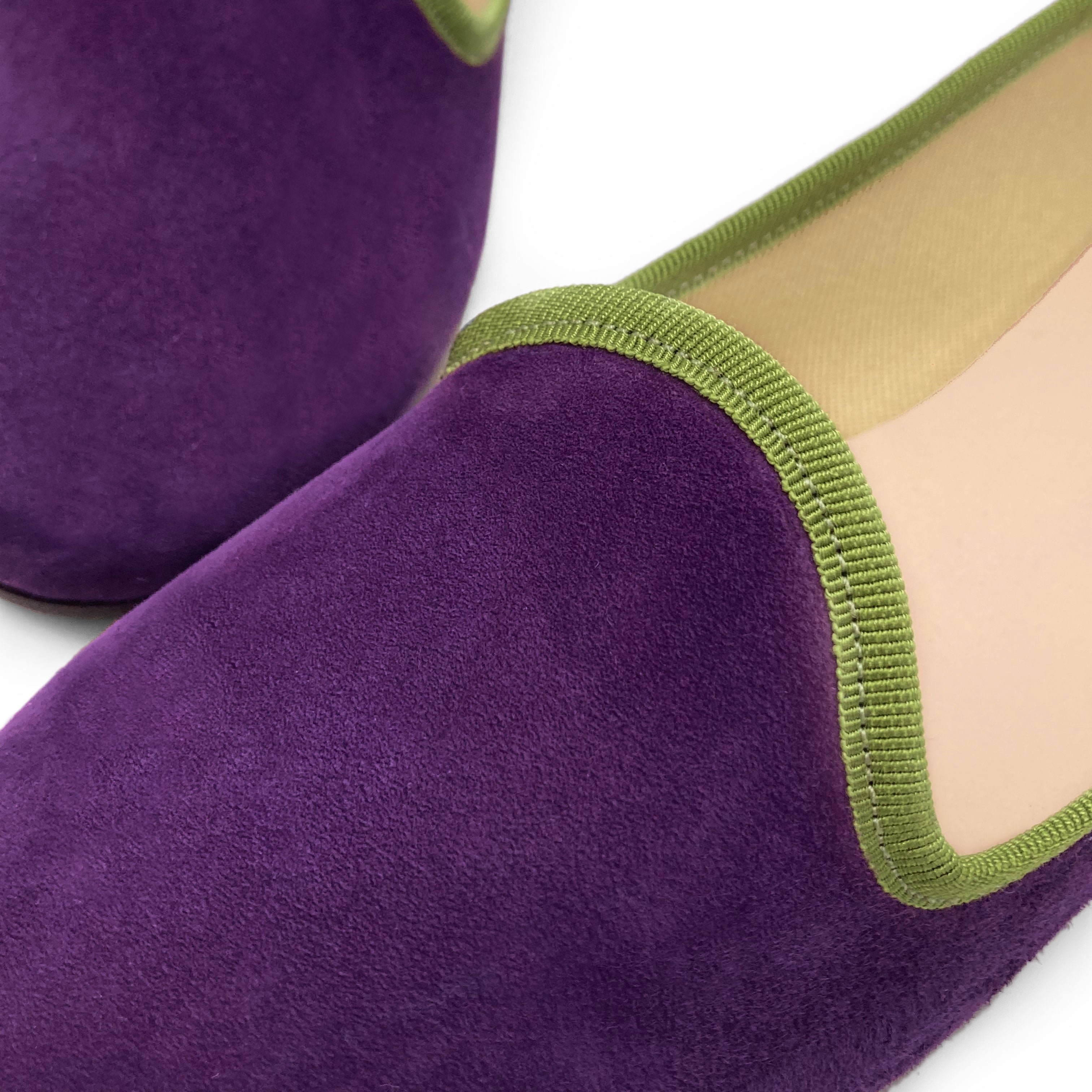 Women loafers in purple suede and green details