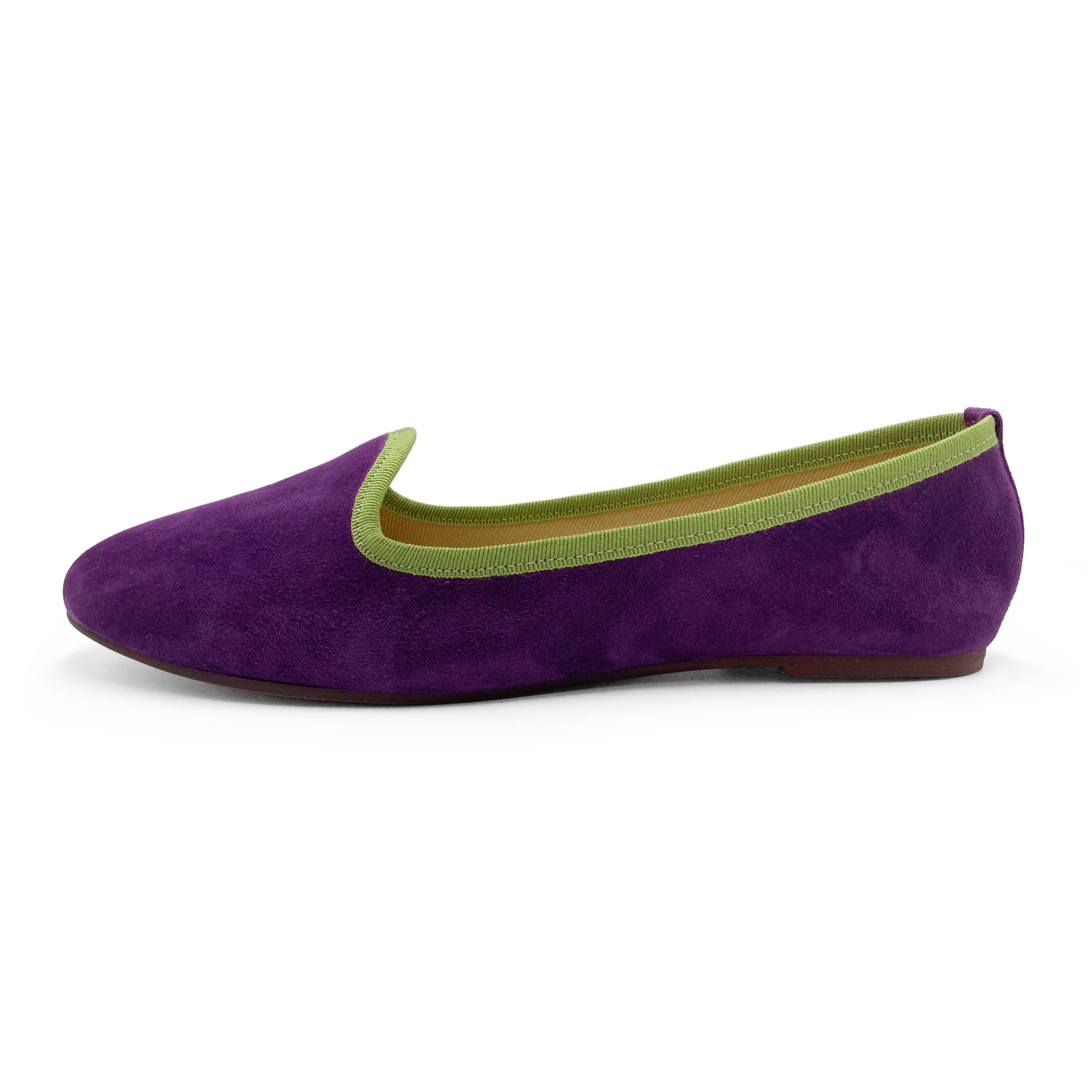 Women loafers in purple suede and green details