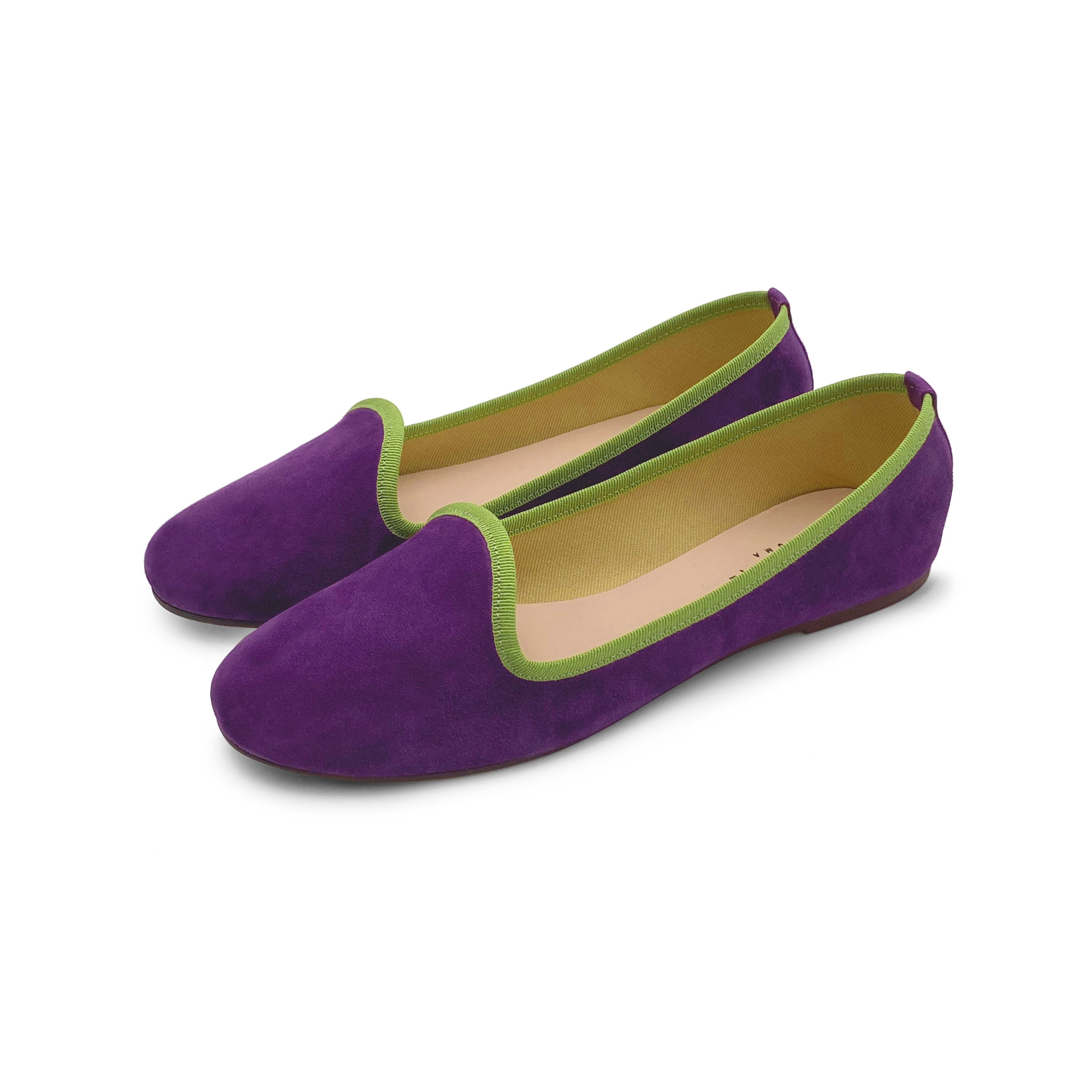 Women loafers in purple suede and green details