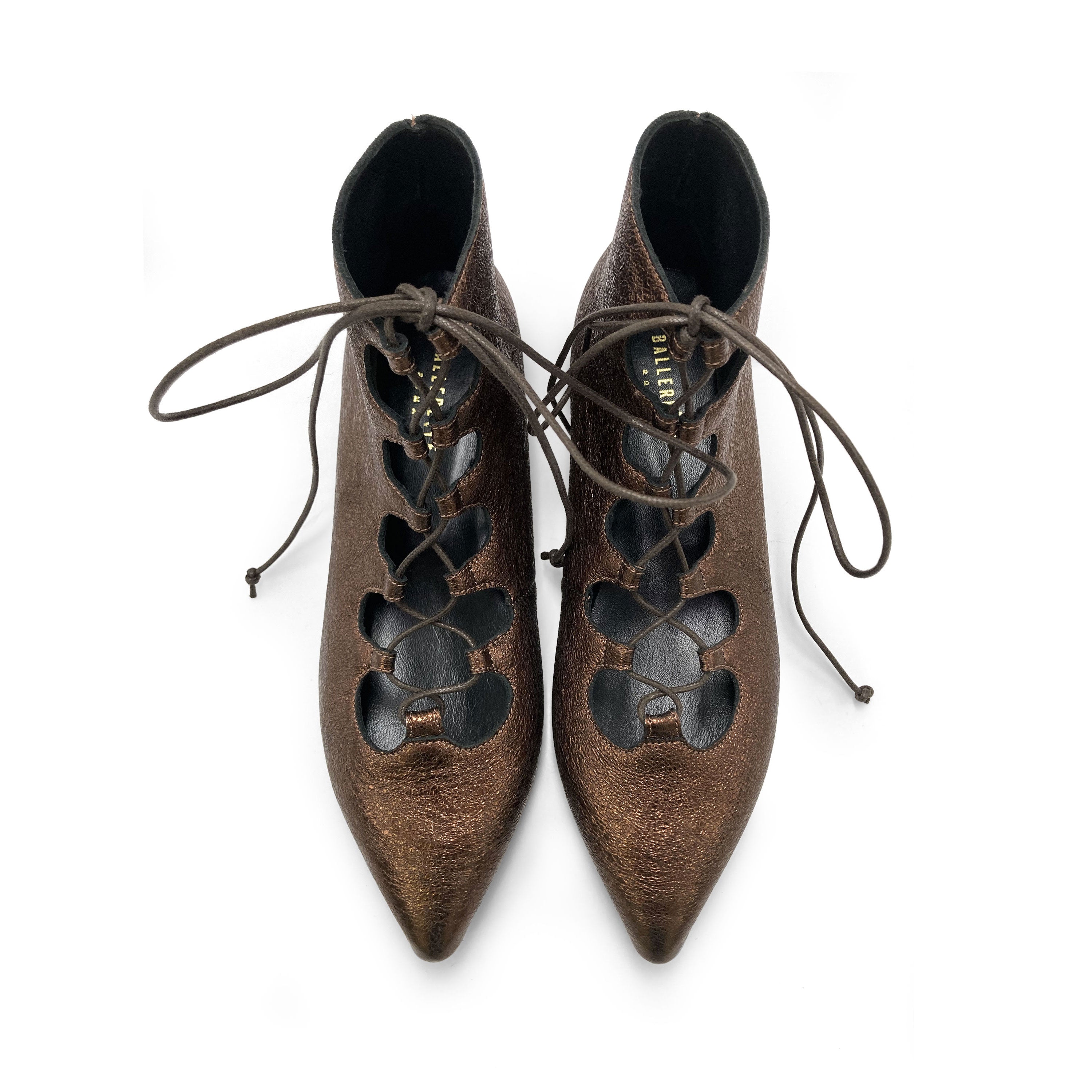 Bronze pointed ankle boots with laces