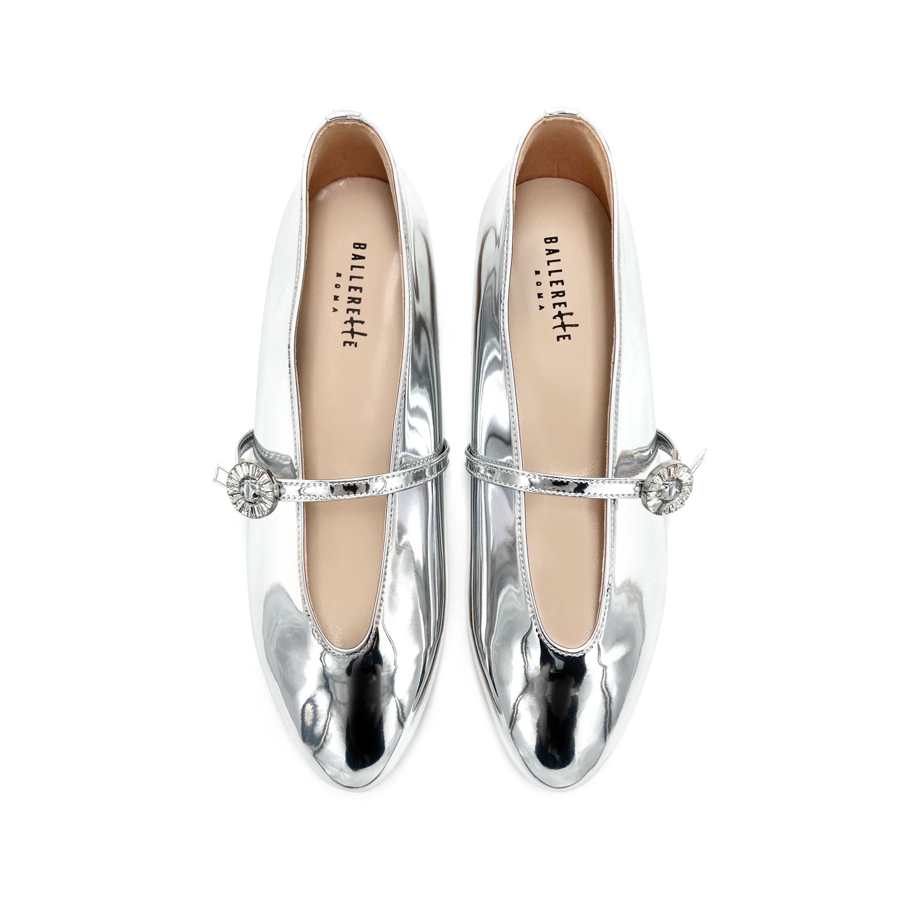 Silver Mirrored Ballet Flats with V-Cut and Jeweled Strap