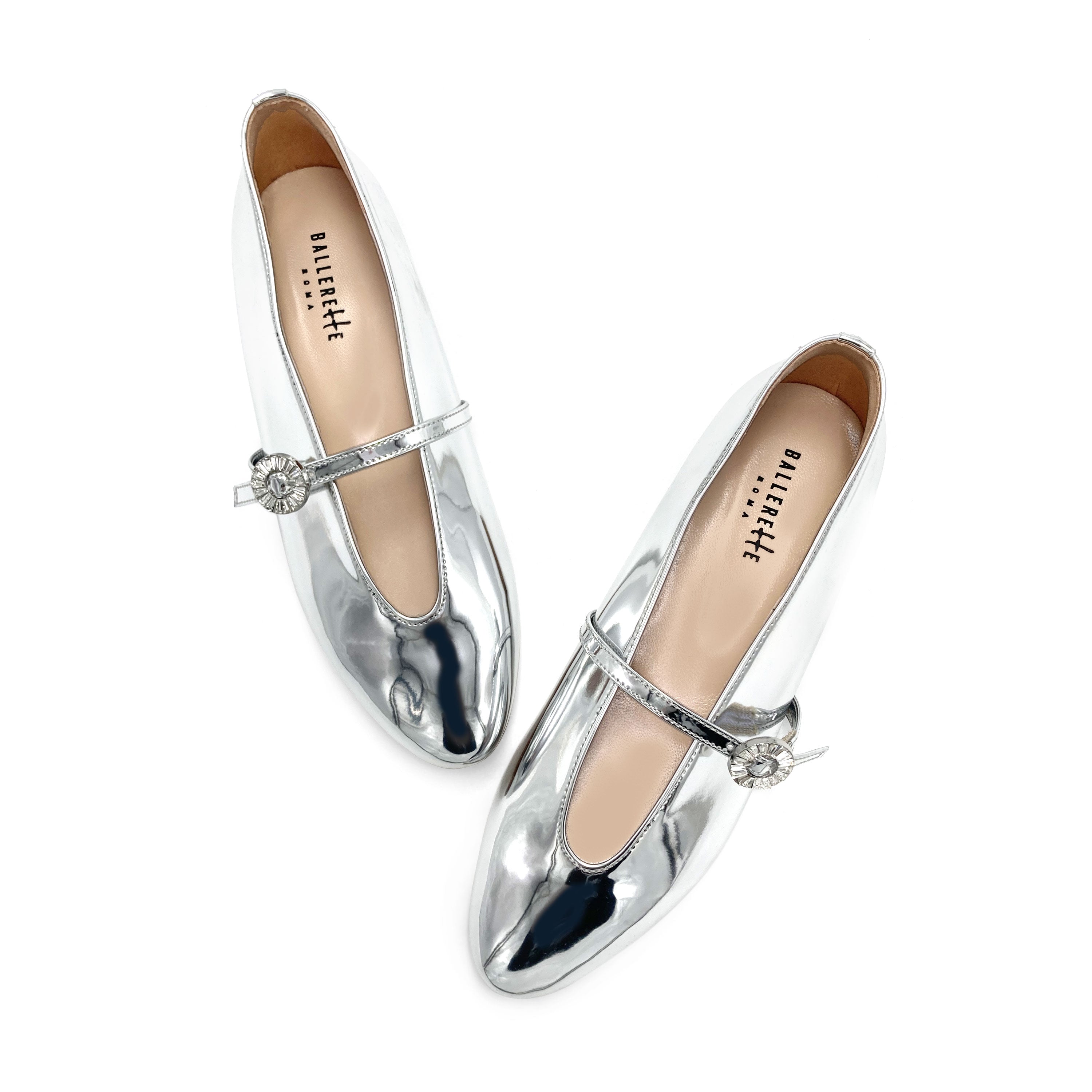 Silver Mirrored Ballet Flats with V-Cut and Jeweled Strap