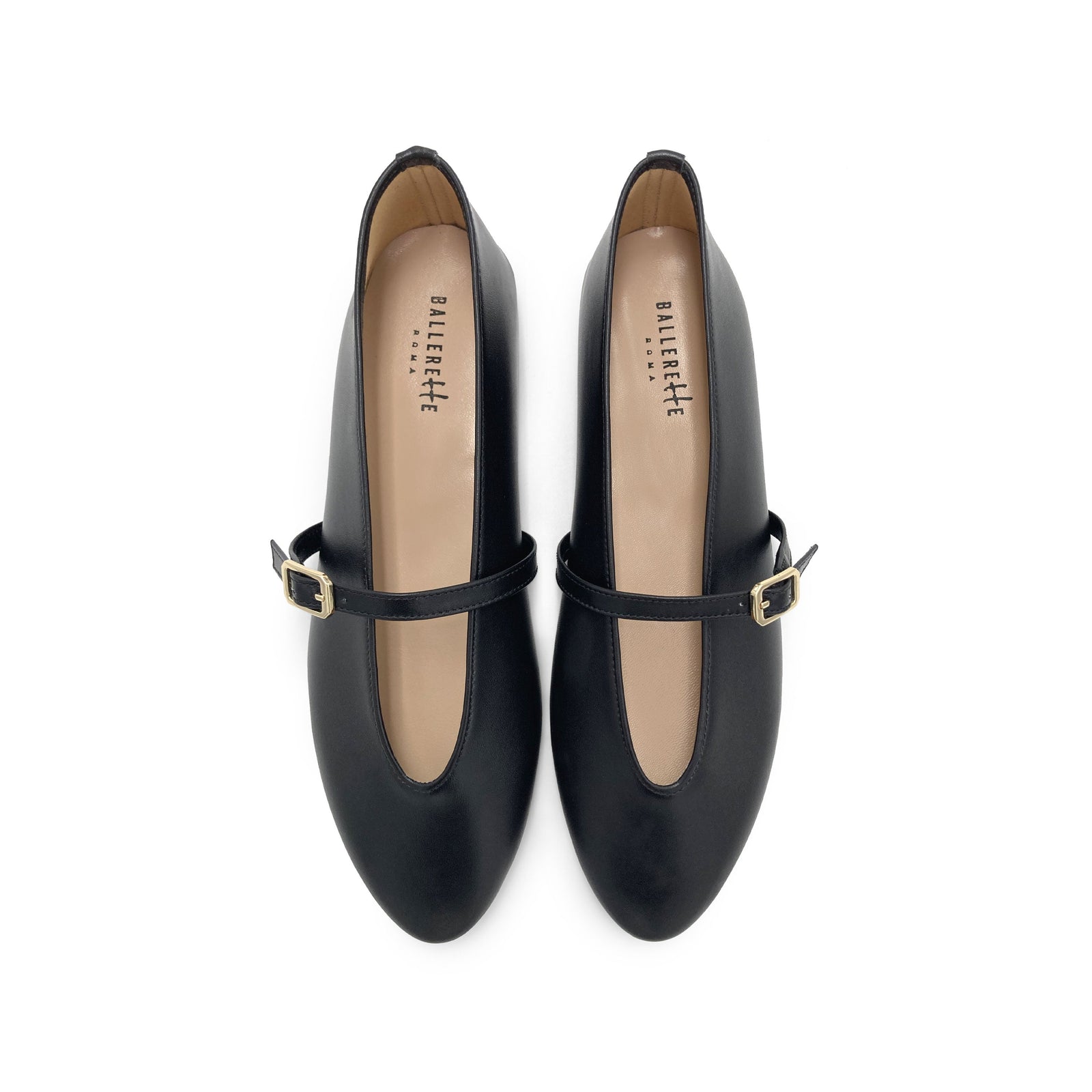 Black leather ballet flats with V-cut and strap, shoes
