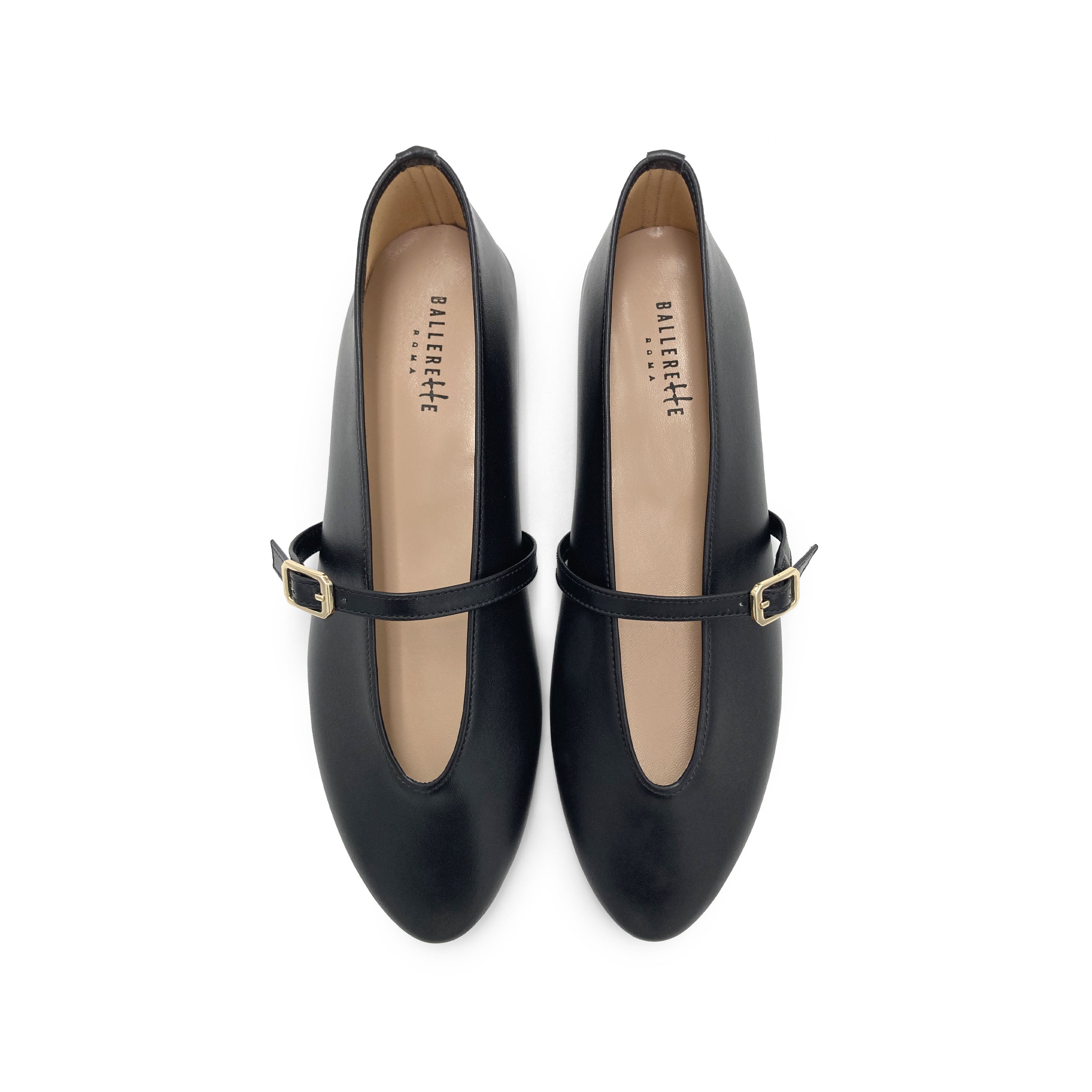 Black leather ballet flats with V-cut and strap
