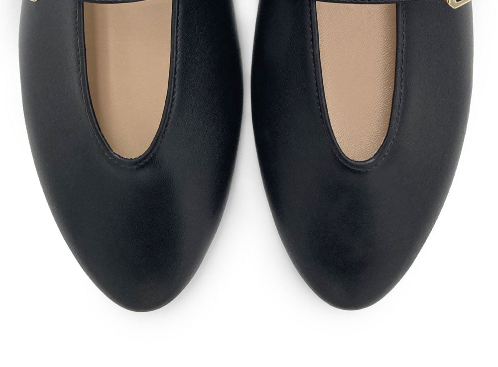 Black leather ballet flats with V-cut and strap