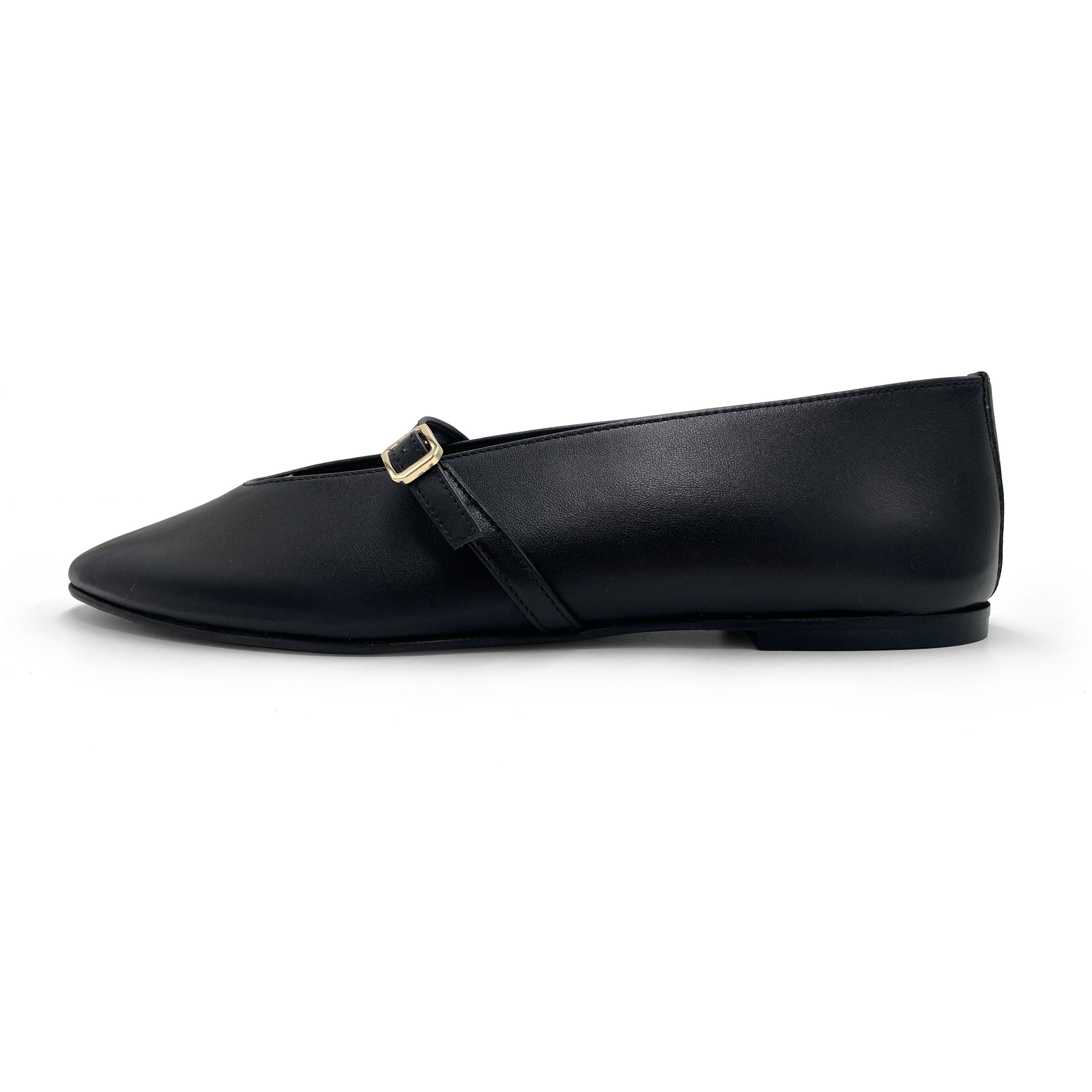 Black leather ballet flats with V-cut and strap